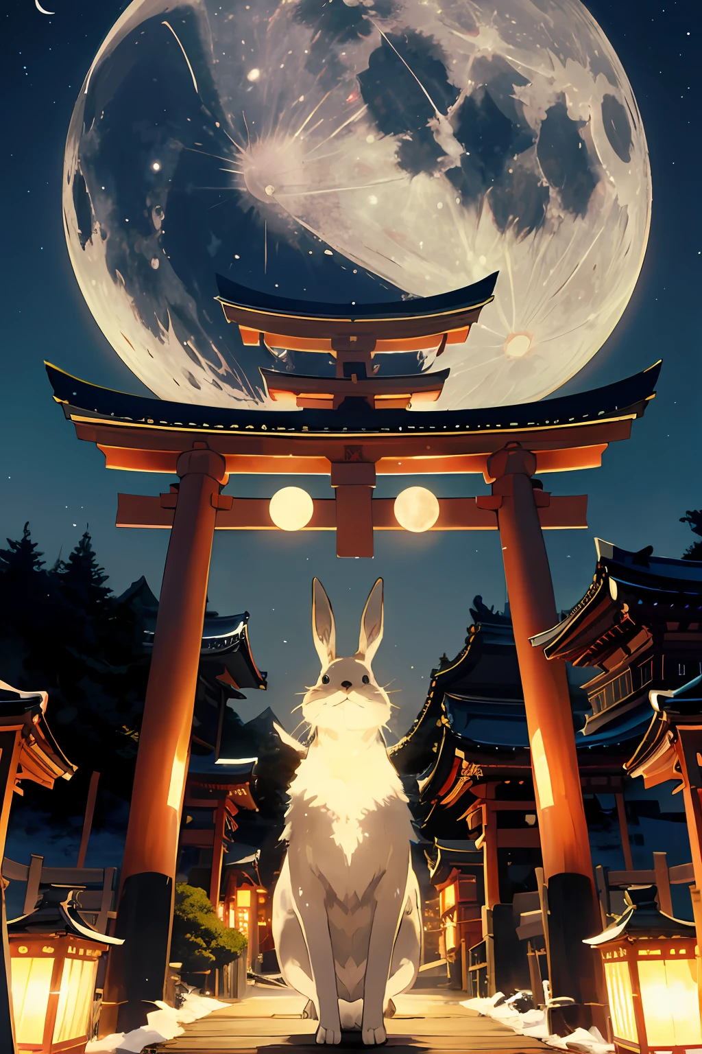 lapin、a moon、fullmoon、nigh sky、torii gate、shrines、jpn、Tiere