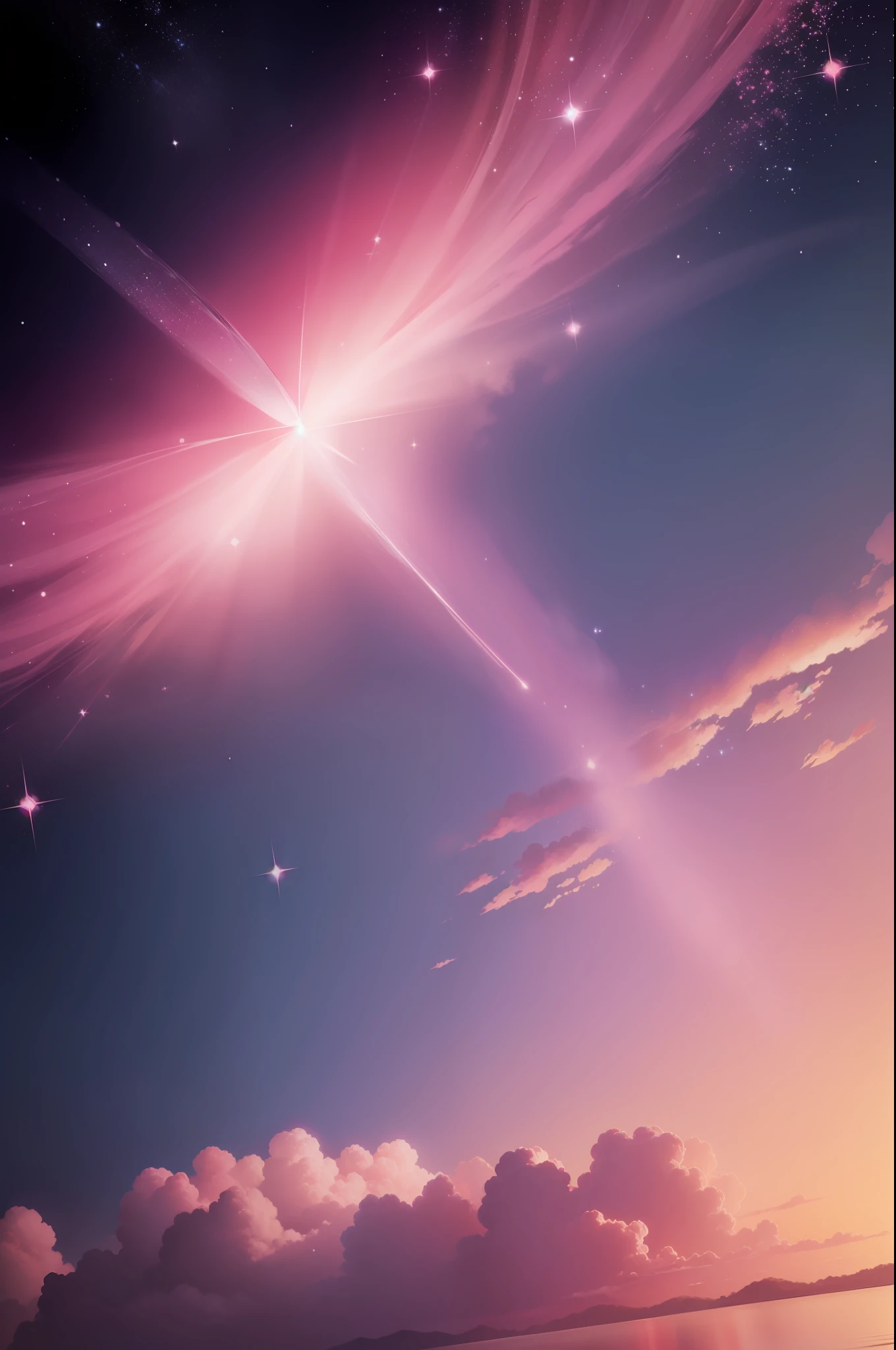 Fundo rosa claro, glitter, nuvens brancas, estilo anime