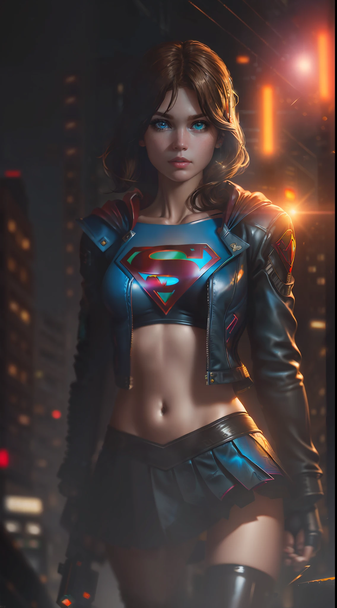 Best quality, realistic, brunette, award-winning Supergirl illustration, (complicated detail: 1.2), (fine detail), (complicated detail), (cinematic lights, best quality backlight), sharp lines, sharp focus, official art, unit 8k wallpaper, absurd, unbelievably absurd, huge file size, ultra- (in_main_street:1.21), (neon lamp), fantasy art, rtx,((triangle closeup photo by award-winning studio)),  1Supergirl, very pretty, (shut up), small breasts, ((Cyberpunk city Street, Battle Maiden)), perfect hands, beautiful detailed blue eyes, Perfect Face, short black hair (Cyberpunk blouse, leather jacket, Martin boots) ,,(headphones_around_hair),((pleated skirt) ), ((supermodel pose)),