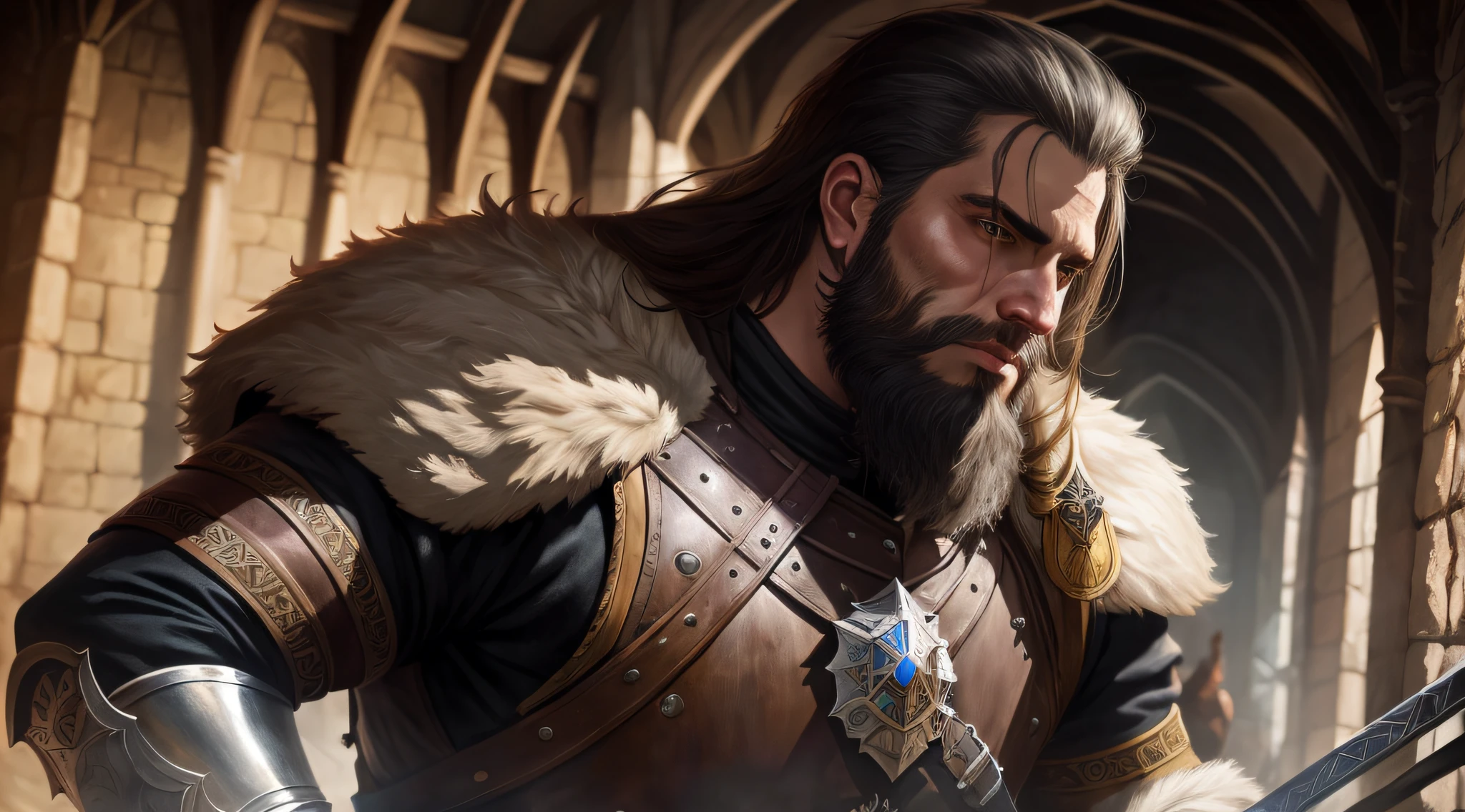 um close up de um homem de armadura segurando uma espada, Retrato de Geralt de Rivia, arte de personagem impressionante, d&d trending on artstation, picture of a male cleric, trending on artstationhq, trending on ArtStation:3, trending on artstationh, Wojtek FUS, Closeup da arte do personagem, Retrato de fin wildcloak