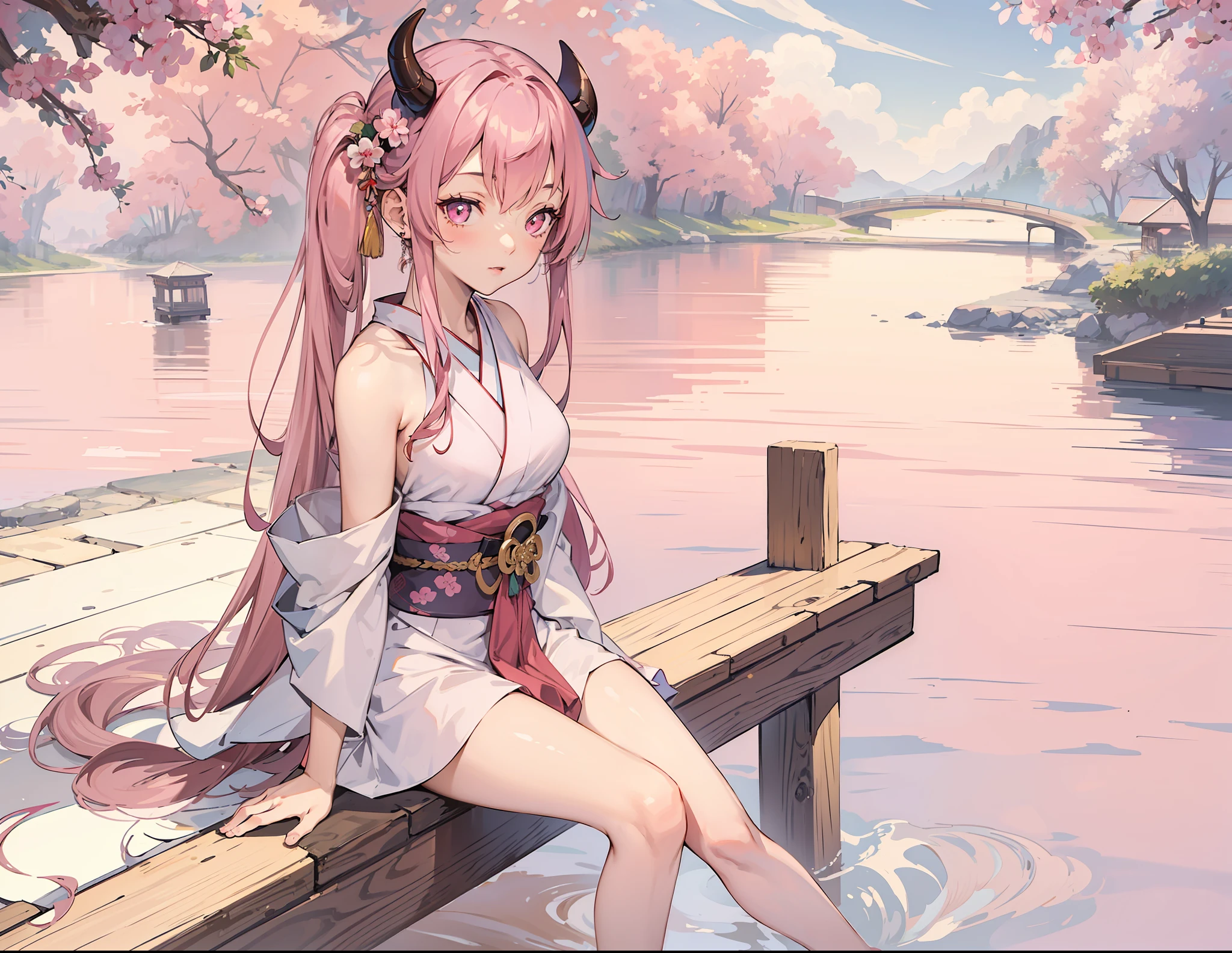 (masterpiece, best quality:1.2), (1girl, solo), 20years old, full body, (kimono, bare arms, bare foot), (pink long hair, pink eyes), demon horns, sitting on the pier, river background