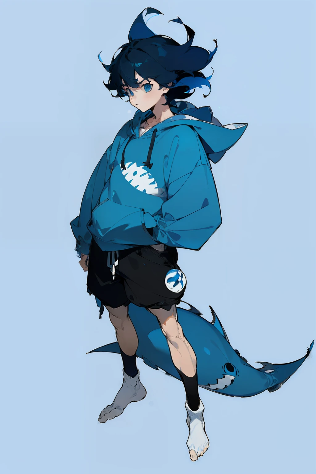 ((masterpiece)),(((best quality))),((character design sheet,same character,front,side,back)),illustration, 1boy, blue eyes, (blue hair), (Messy Japanese Round Haircut for Thick Hair), (Blue shark hoodie and black shorts, fashionable, beautiful eyes, environment Scene change, pose too, boy, charturnbetalora, (simple background, white background: 1.3)