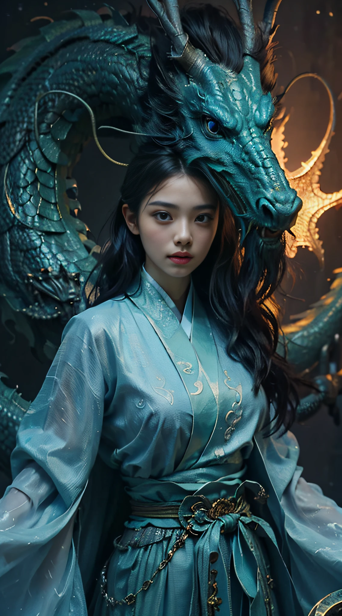 tmasterpiece,best qualtiy,realisticlying,photorealestic,The painting depicts a woman standing next to a dragon,The background is an incomparably vast starry sky,The whole painting uses cute and authentic portraits(Handsome realistic portrait style),And has dark blue eyes。Long hair fluttering and cute(Cute:2)。The whole painting shows excellent realism and detail(photorreal details),Light and shadow tracking,Rich in detail,Close-up of a woman in Han costume with a dragon,Portrait of a dragon girl,Dragon-inspired cloth robe,asiagirl,Long flowing black hair,Dragon girl,Dragon in the background,Golden dragon,Hanging ornaments,Chinese fantasy