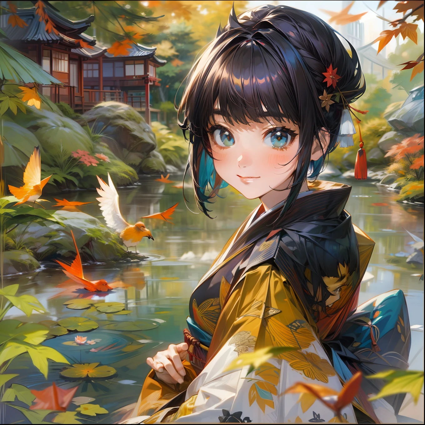 The subject is a young woman in 8K resolution、With a short cut of black hair with bright blue and purple inner colors。Her eyes are almond-shaped and dark brown,、Skin is healthy and has a natural glow。

Wear a modern black kimono、Bright red、blanche、Yellow floral patterns are scattered throughout.、Accented by a golden band。

Pose in a relaxed position、In her right hand she holds a red origami crane.、Looking kindly at the crane。

The background is a traditional garden of Japan lined with mossy rocks and maple trees with autumn leaves。In the center of the garden there is a pond where Nishikigoi float.、A small waterfall flows from the pond。

The building is an old Japan castle that can be seen at the back of the garden.、Located at the end of the vermilion bridge。

The overall tone is orange and deep green at dusk、High contrast。