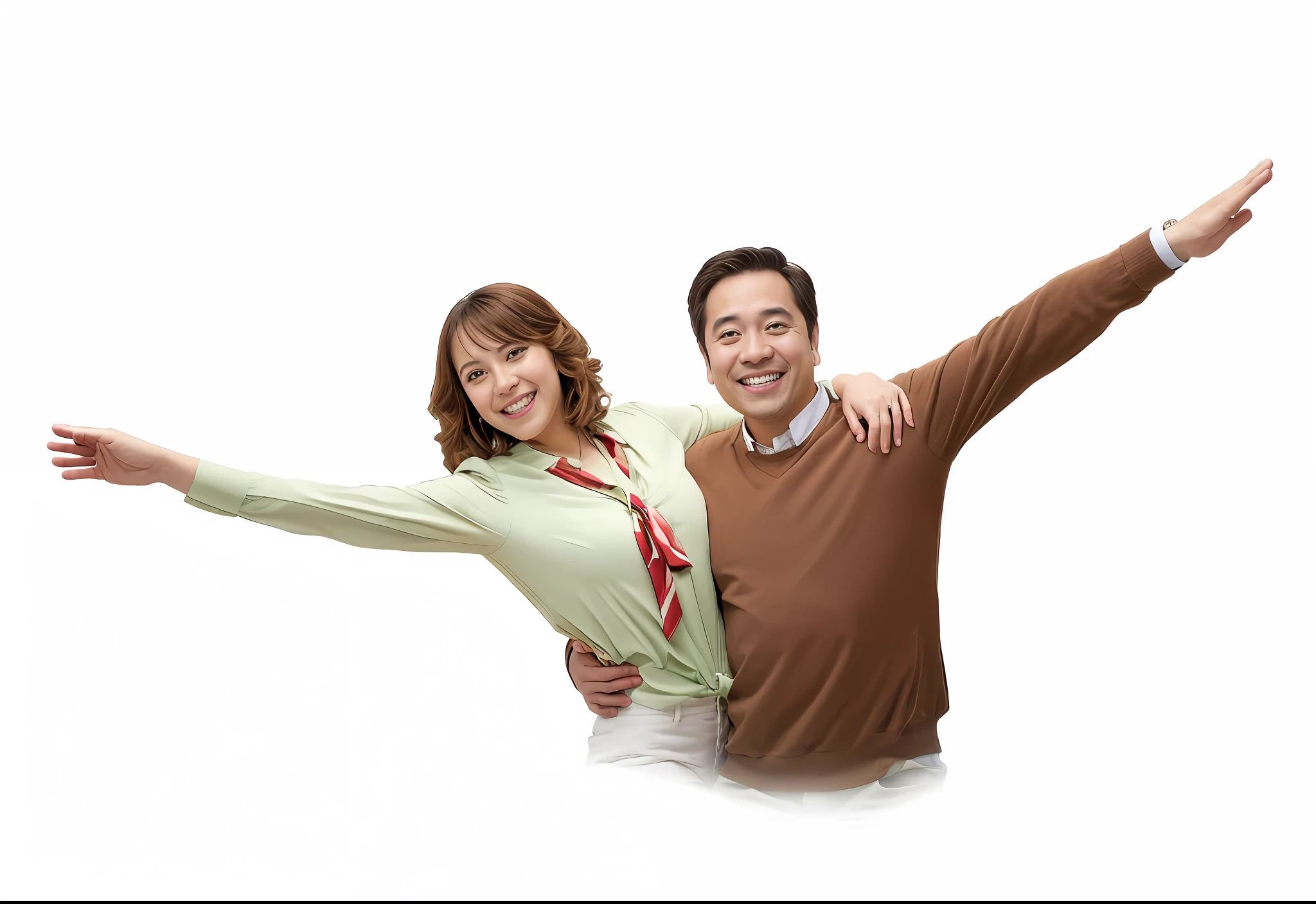 They are two people who pose for a photo with their arms outstretched, Pose(Arms up + cheerfulness), Happy couple, Smiling couple, Without background, advertisement picture, advertising photograph, Adult, couple, By senior artists, bottom angles, Brilliant, couple dancing, marketing photo, promotional art, promo image, Single image, Beginner, full device, raise both arms