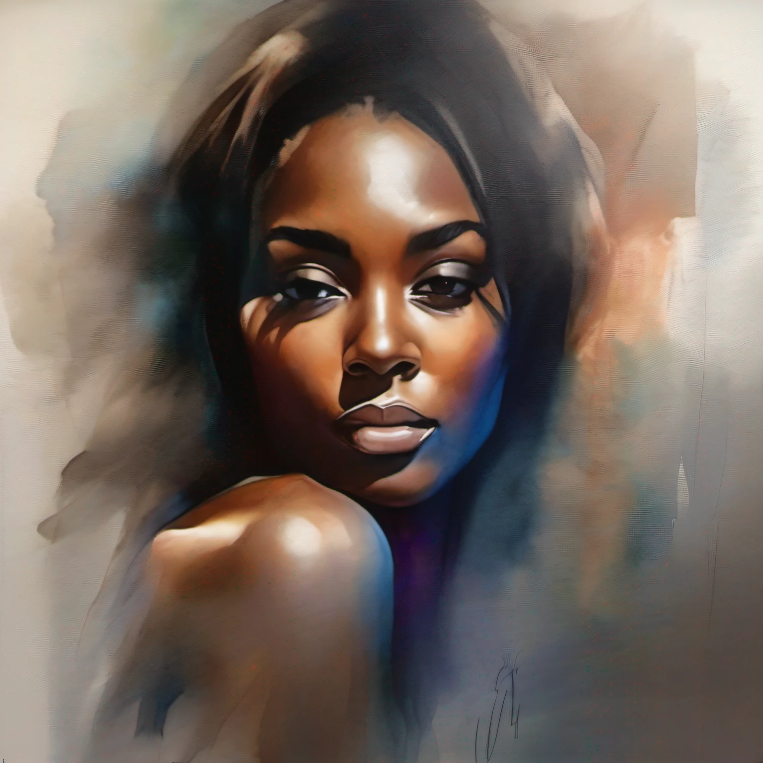 "Gere uma pintura em aquarela que retrate de forma realista uma mulher negra sensual e bonita, with cinema lighting, fundo transparente, textura da pele, vivid colors and a high level of realism."