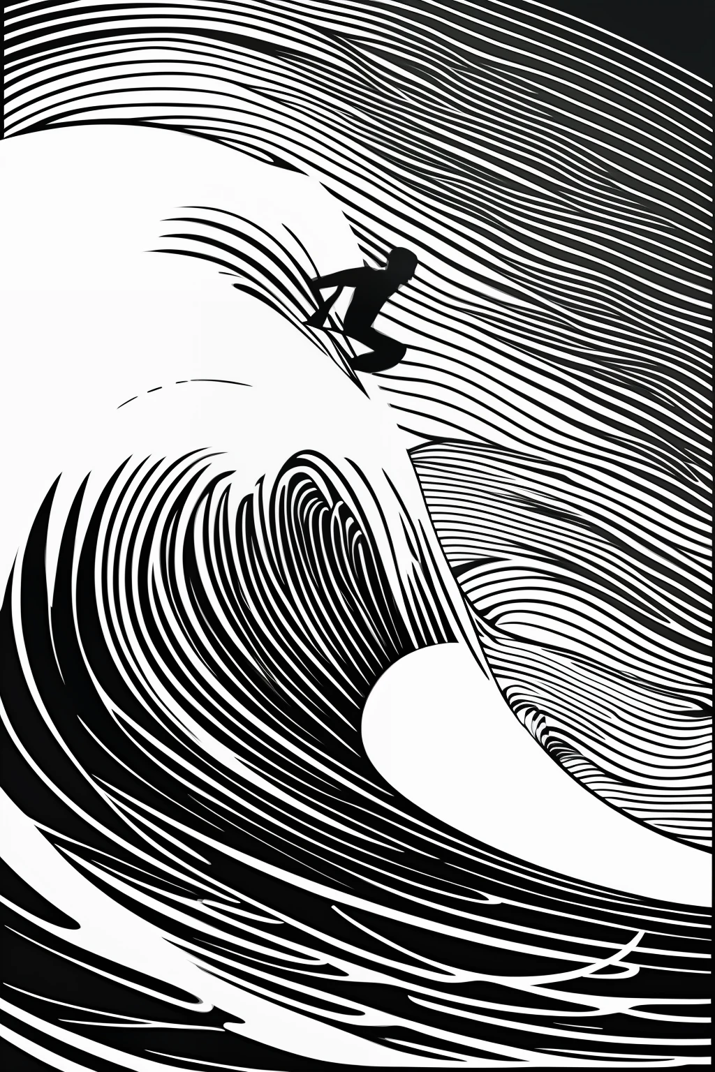 a black and white drawing of a surfer riding a wave, vector line - art style, illustration black outlining, illustration line art style, thick vector line art, line art portrait, exquisite line art, line art illustration, in style of digital illustration, vector line art, outlined art, vector style drawing, bold line art, glowwave girl portrait, thin line art