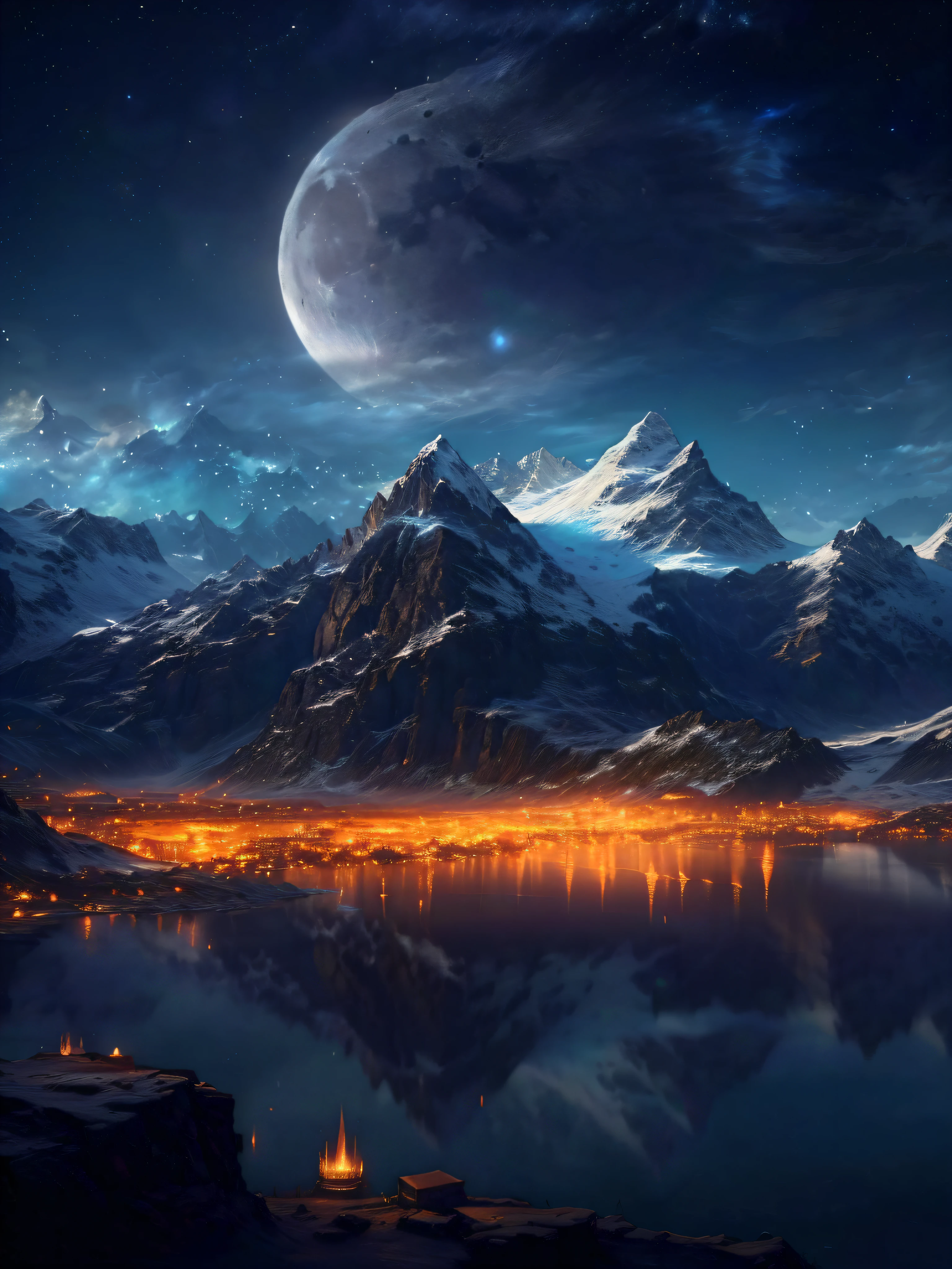 mountains and a lake with a moon in the sky, 4k highly detailed digital art, 4 k hd wallpaper very detailed, impressive fantasy landscape, sci-fi fantasy desktop wallpaper, unreal engine 4k wallpaper, 4k detailed digital art, sci-fi fantasy wallpaper, epic dreamlike fantasy landscape, 4k hd matte digital painting, 8k stunning artwork