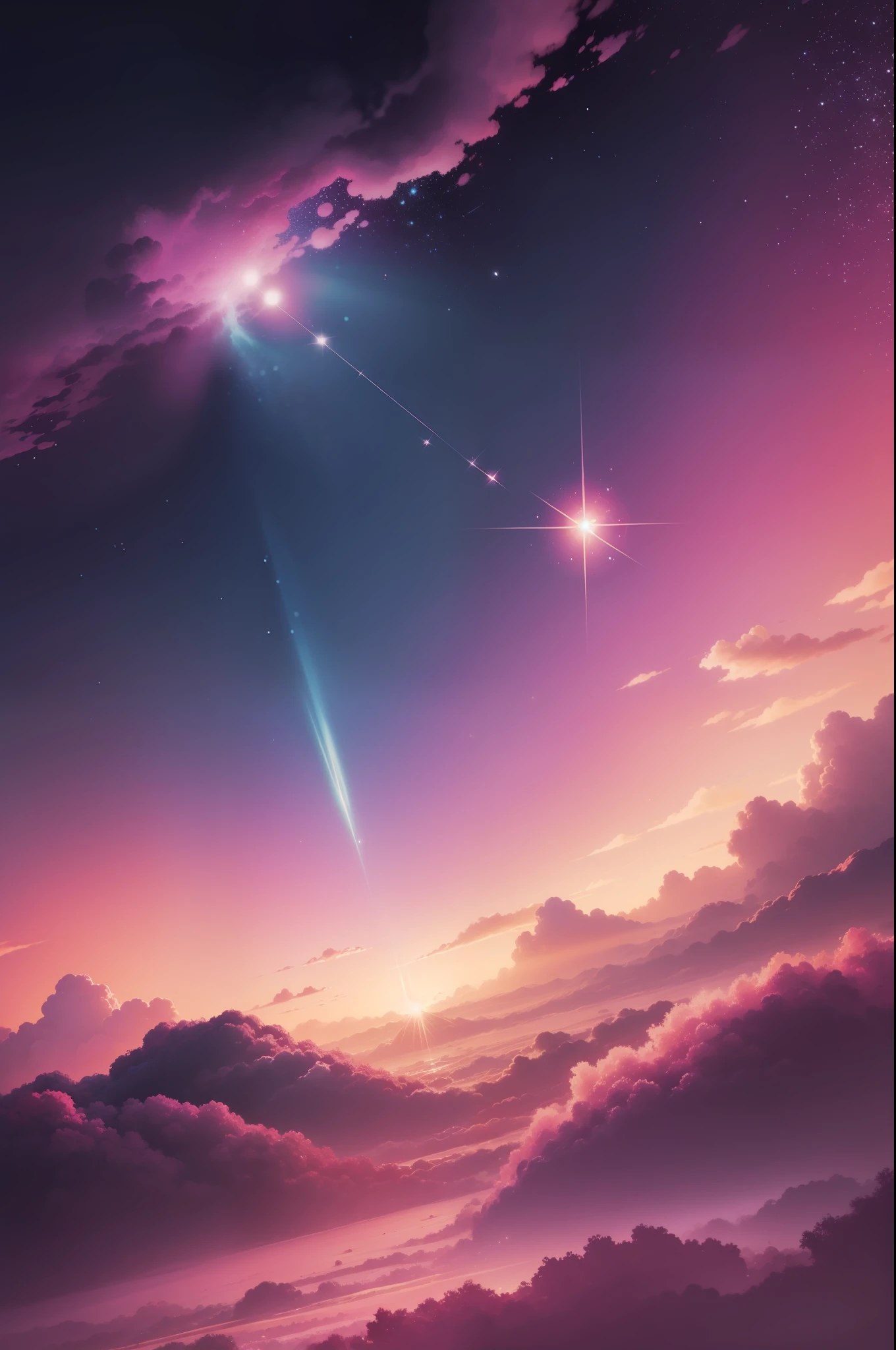 Fundo rosa claro, glitter, nuvens brancas, estilo anime