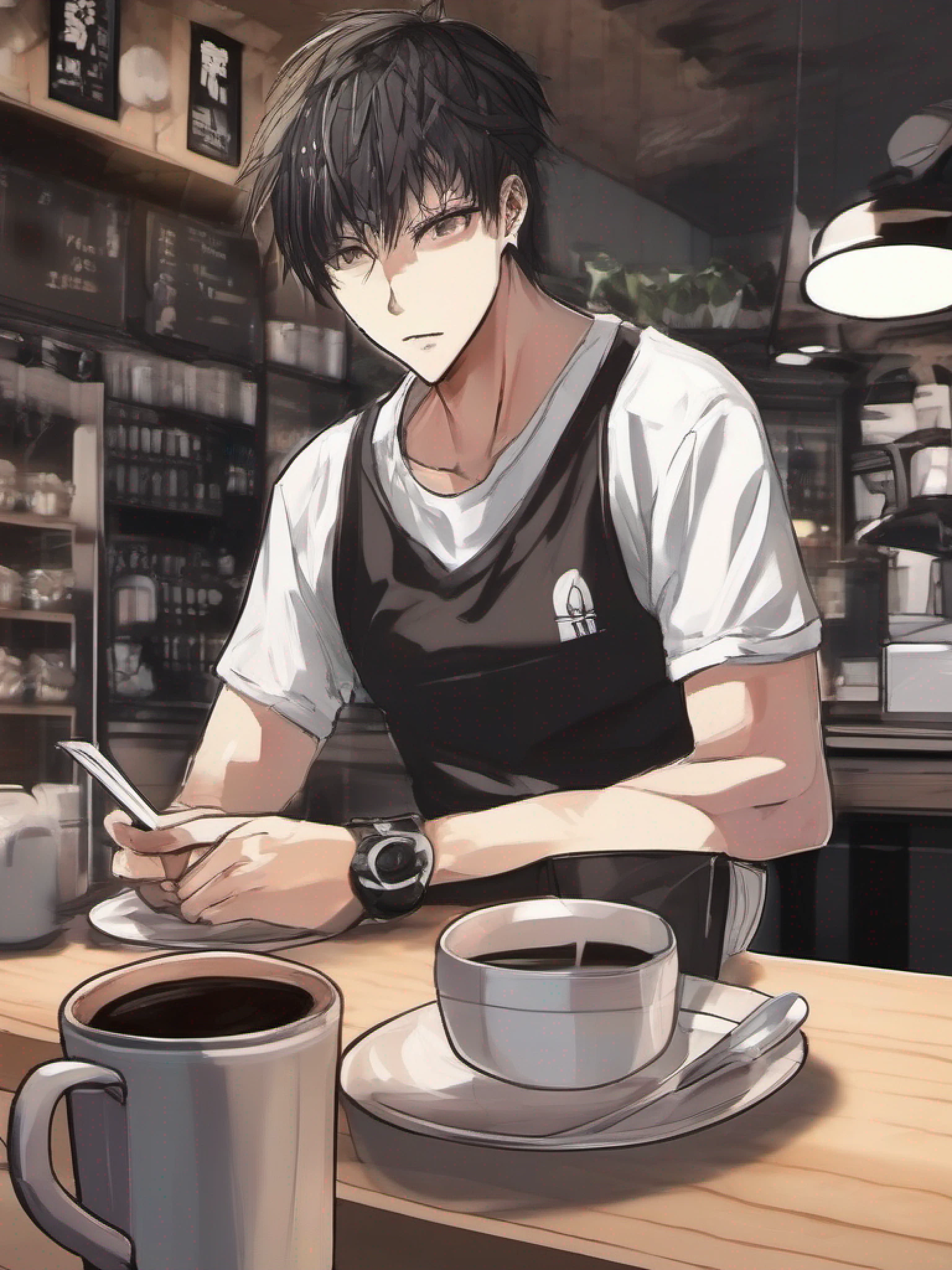 Black shirt man,Inside the coffee shop,Take the coffee