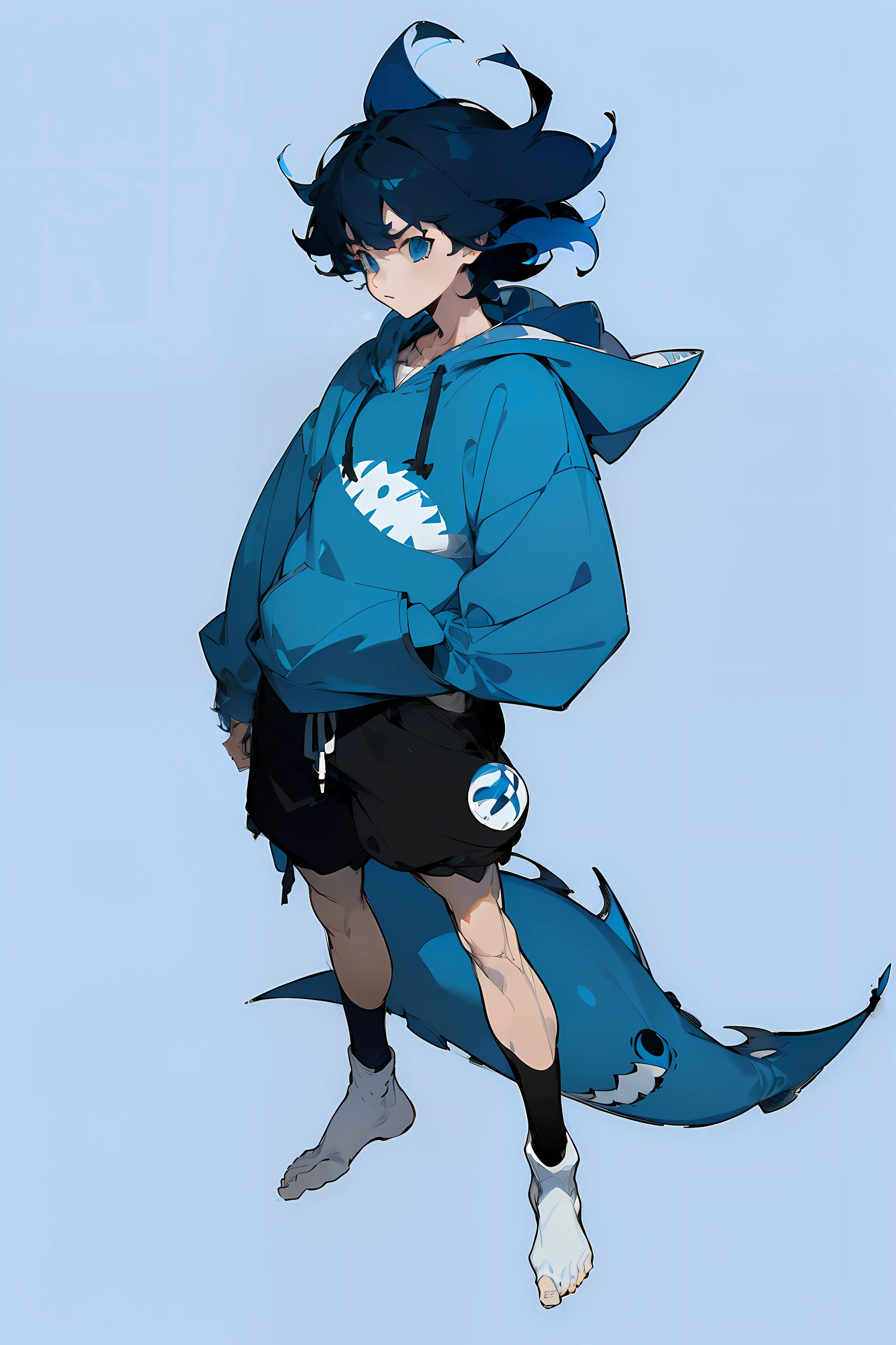((masterpiece)),(((best quality))),((character design sheet,same character,front,side,back)),illustration, 1boy, blue eyes,  (blue hair), (Messy Japanese Round Haircut for Thick Hair), (Blue shark hoodie and black shorts, fashionable, beautiful eyes, environment Scene change, pose too, boy, charturnbetalora, (simple background, white background: 1.3)