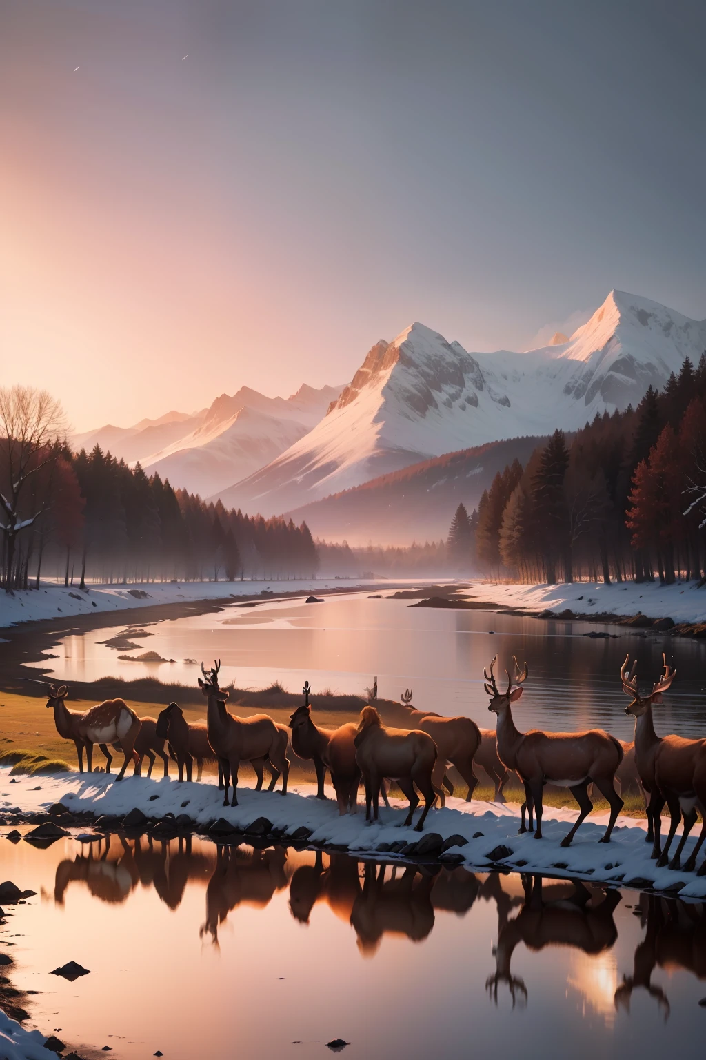 A large herd of regal red deers standing on a beach in English countryside looking away into the greenery in background, wide shot, subject : regal red deers looking away, snowfall, snow covered mountains, river flowing, rainbow in sky, England countryside landscape, overcast, candid photo, national geographic, cinematic, countryside, curious animals, English, sunset, beautiful landscape, vibrant sky, (((greenery))), (((wide shot))), wildlife, hyper realistic photo, 8k, high resolution, clear faces, deer fur, realistic