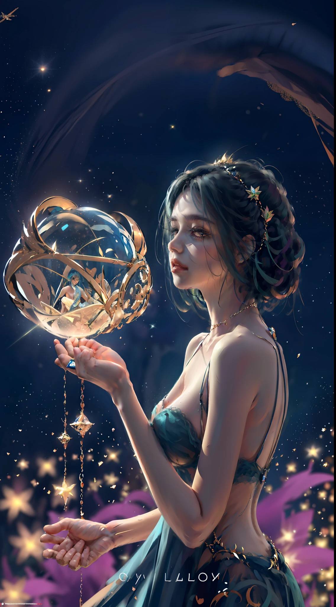 Lila creates an enchanting garden adorned with sparkling crystals, each bearing the essence of a constellation, as her magic illuminates the night around them, cosmos , Stardust , beautiful, back of Lila , accurate face , hairstyles, aesthetic, mystical