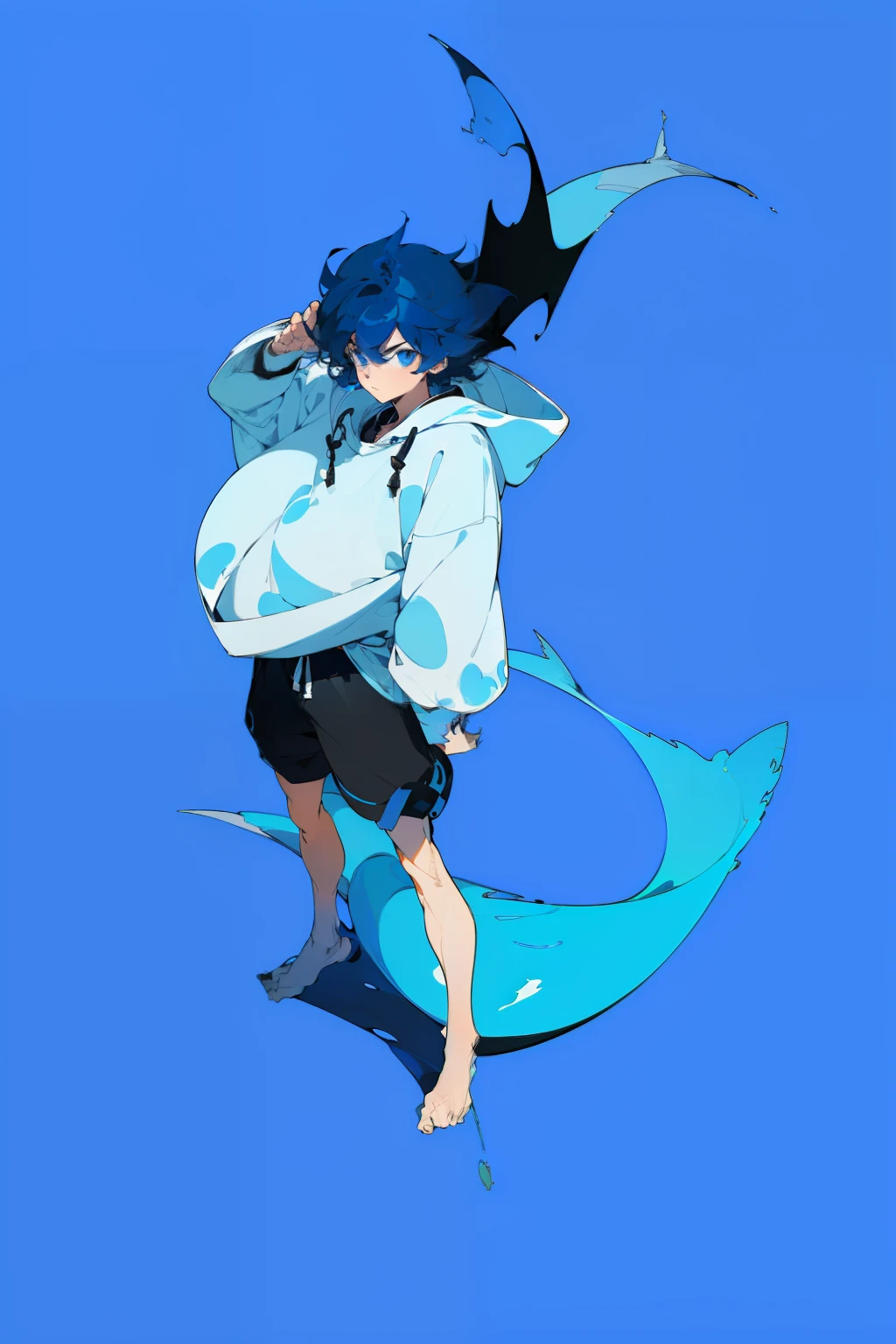 ((masterpiece)),(((best quality))),((character design sheet,same character,front,side,back)),illustration, 1boy, blue eyes, (blue hair), (Messy Japanese Round Haircut for Thick Hair), (Blue shark hoodie and black shorts, fashionable, beautiful eyes, environment Scene change, pose too, boy, charturnbetalora, (simple background, white background: 1.3)