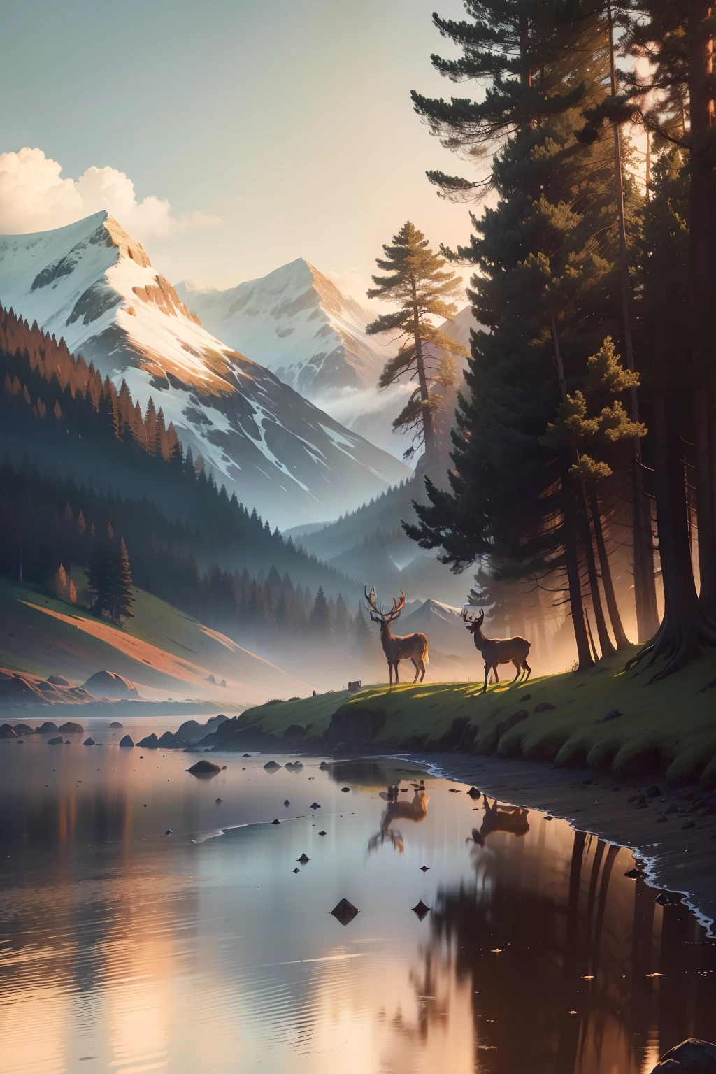 A large herd of regal red deers standing on a beach in English countryside looking away into the greenery in background, wide shot, subject : regal red deers looking away, snowfall, snow covered mountains, river flowing, rainbow in sky, England countryside landscape, overcast, candid photo, national geographic, cinematic, countryside, curious animals, English, sunset, beautiful landscape, vibrant sky, (((greenery))), (((wide shot))), wildlife, hyper realistic photo, 8k, high resolution, clear faces, deer fur, realistic