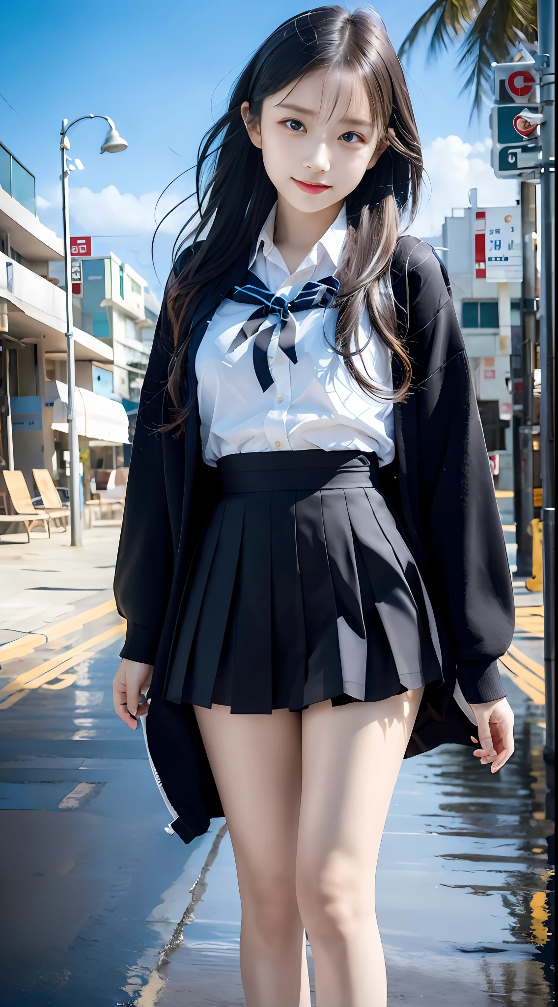 (8K,RAW photos,超高分辨率,best qualtiy,tmasterpiece:1.2),(photorealistic illustration),beautifullegs, 10 year old girl,Innocent little girl,taut skin,Very detailed facial and skin texture,Detailed eyes,二重まぶた,healthy-looking skin,Black color hair,in school uniform,Watch the sea on the beach