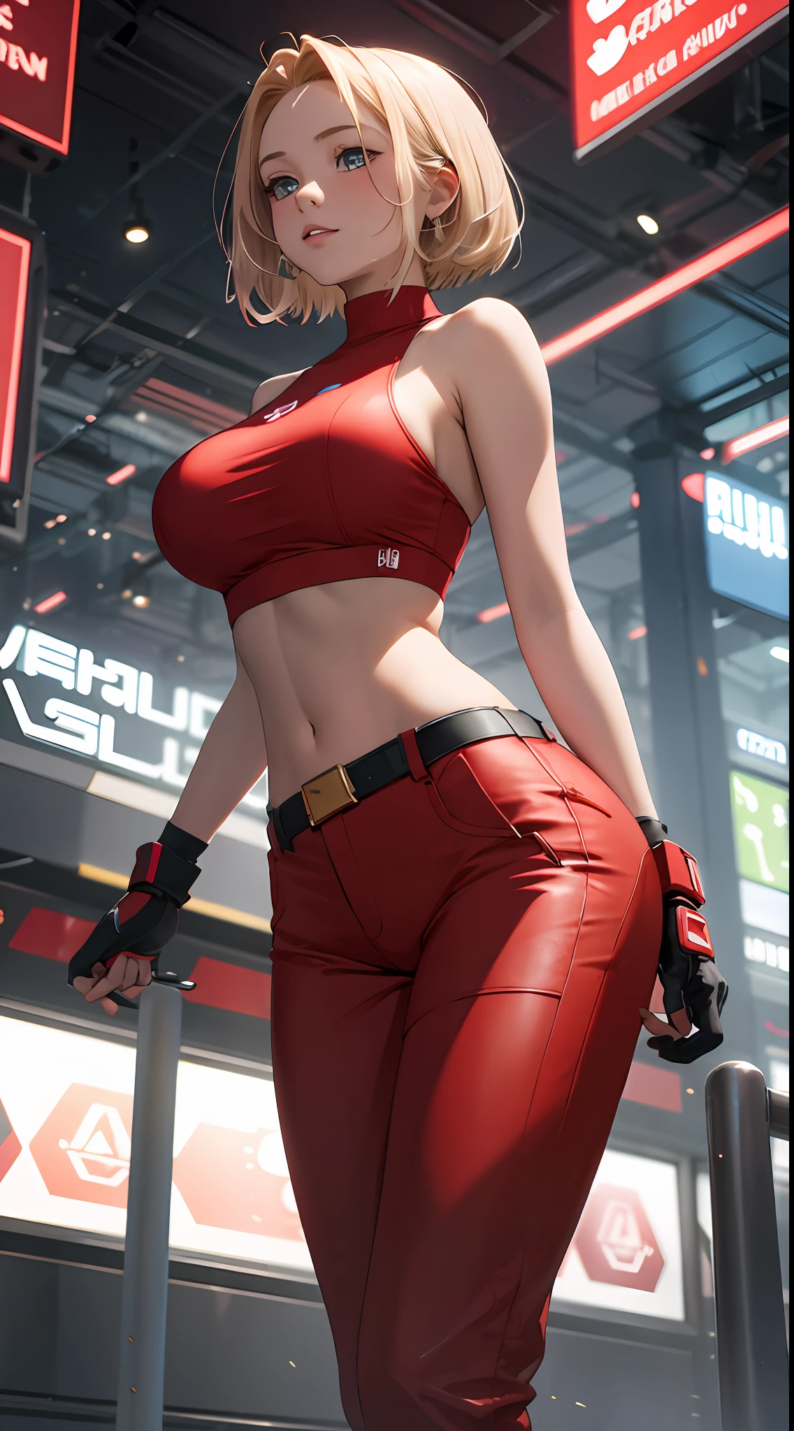 tmasterpiece,, Best quality at best, A high resolution, 1girll, with short golden hair,Red clothes,mary,hason, Crop top, (Large breasts 1.4), nabel,Fighting posture,cyber punk perssonage,City streets