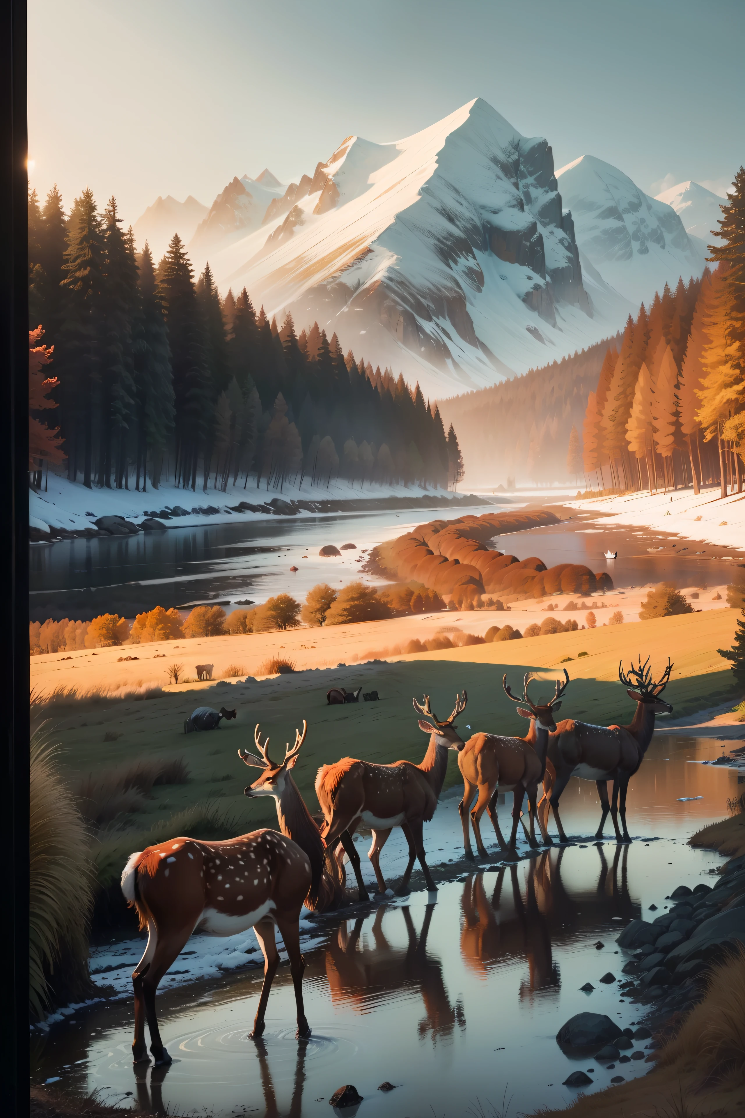 A large herd of regal red deers standing on a beach in English countryside looking away into the greenery in background, wide shot, subject : regal red deers looking away, snowfall, snow covered mountains, river flowing, rainbow in sky, England countryside landscape, overcast, candid photo, national geographic, cinematic, countryside, curious animals, English, sunset, beautiful landscape, vibrant sky, (((greenery))), (((wide shot))), wildlife, hyper realistic photo, 8k, high resolution, clear faces, deer fur, realistic