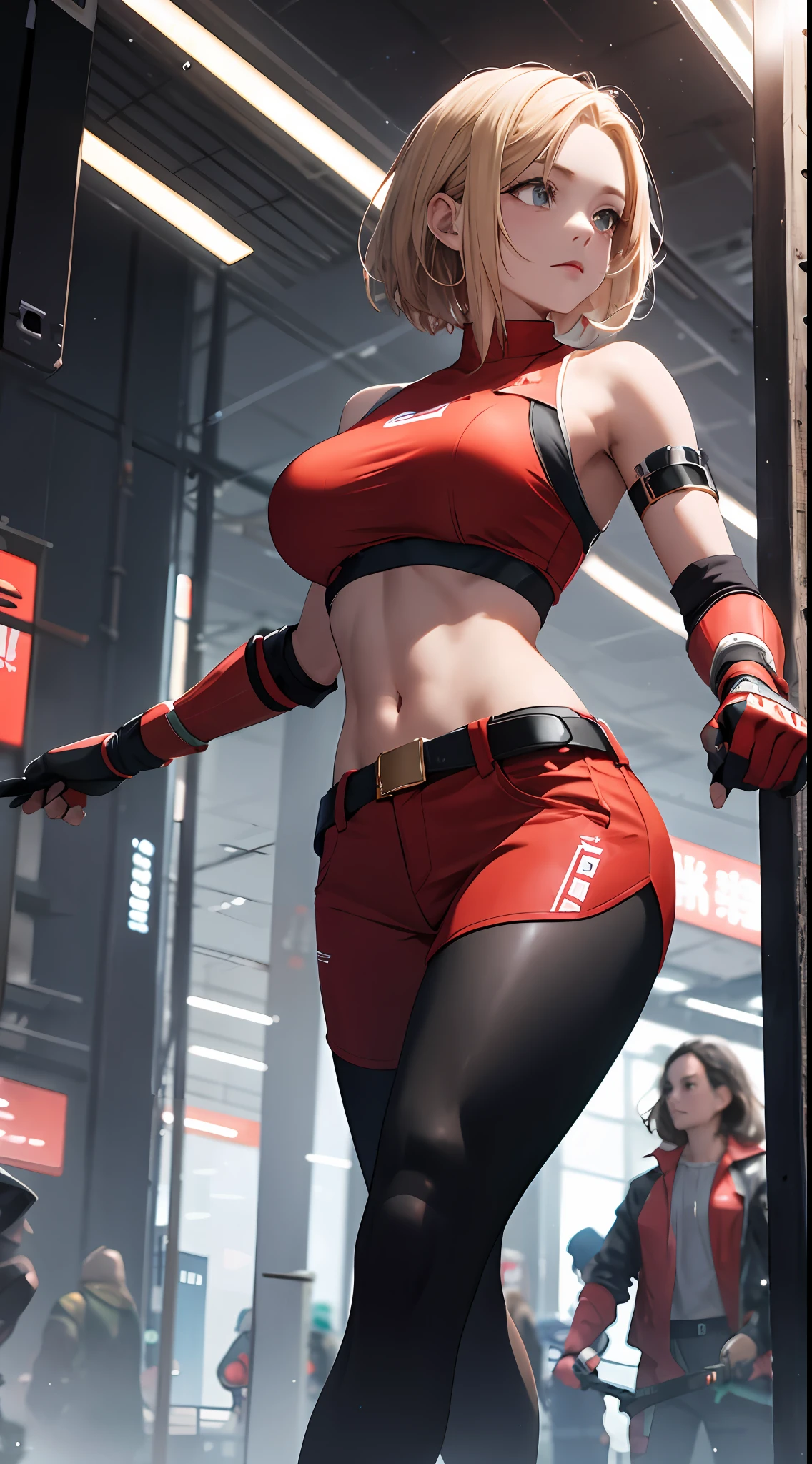 tmasterpiece,, Best quality at best, A high resolution, 1girll, with short golden hair,Red clothes,mary,hason, Crop top, (Large breasts 1.4), nabel,Fighting posture,cyber punk perssonage,City streets