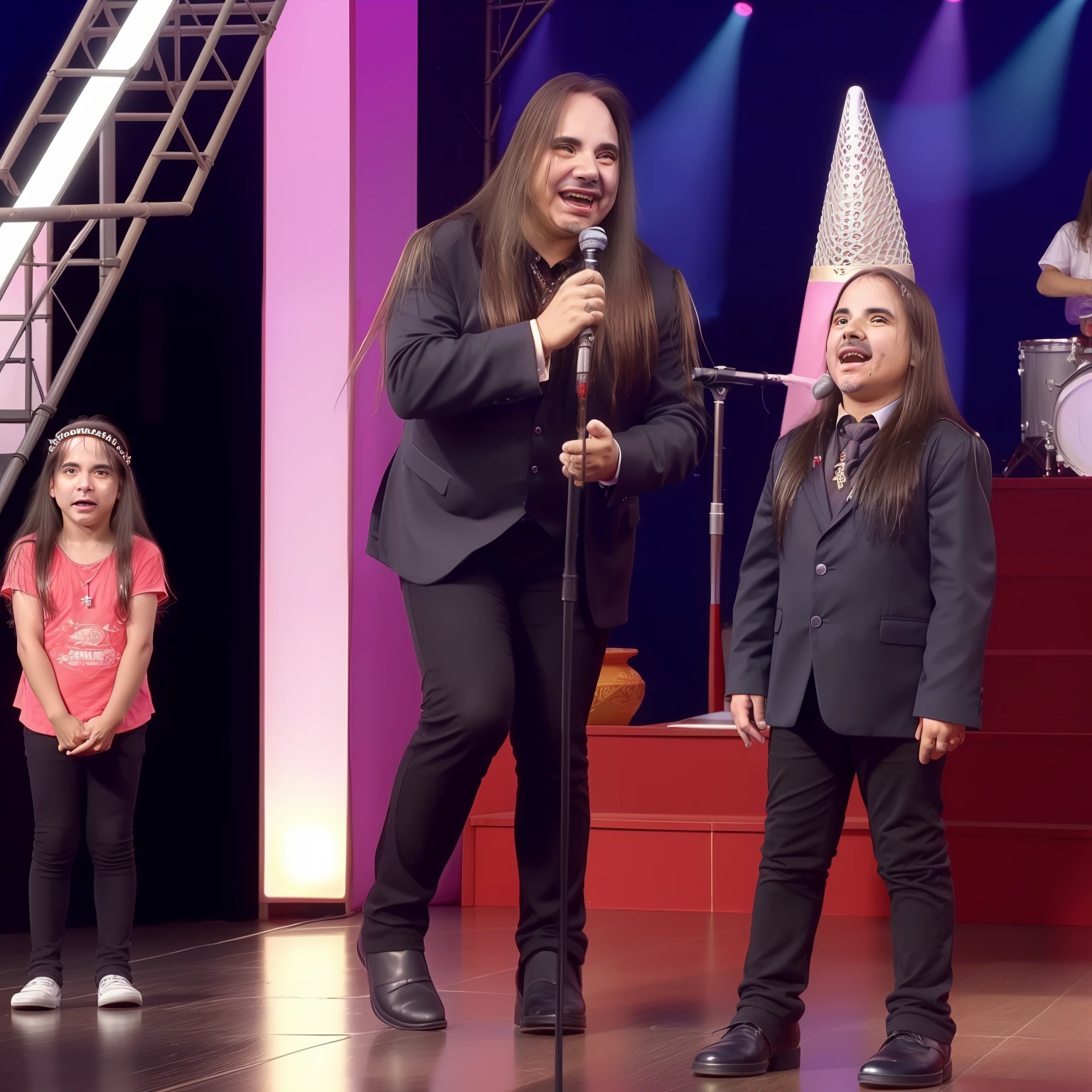 Andre Matos, corpo inteiro, singing on stage and in a children's music show