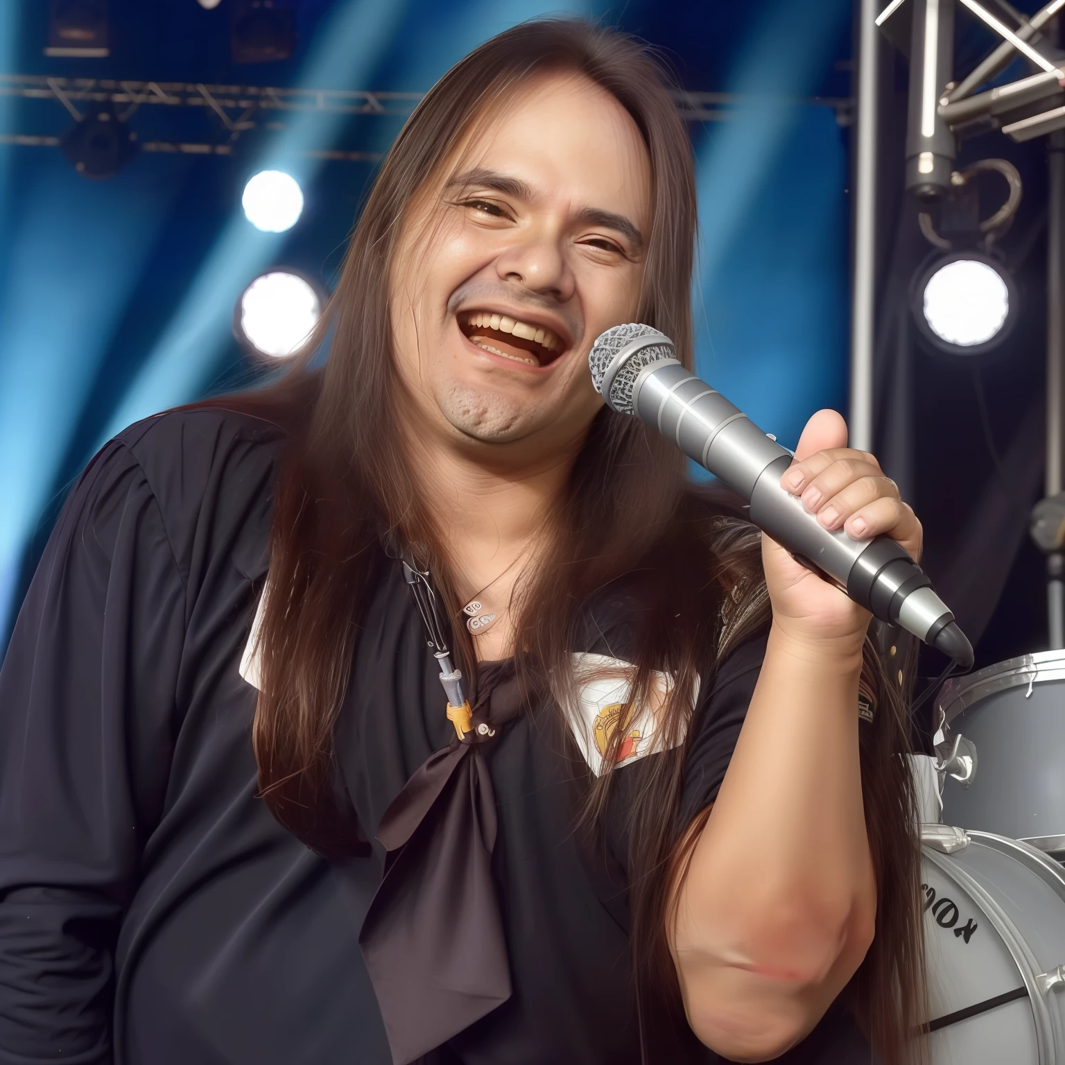 Andre Matos, corpo inteiro, singing on stage and in a children's music show