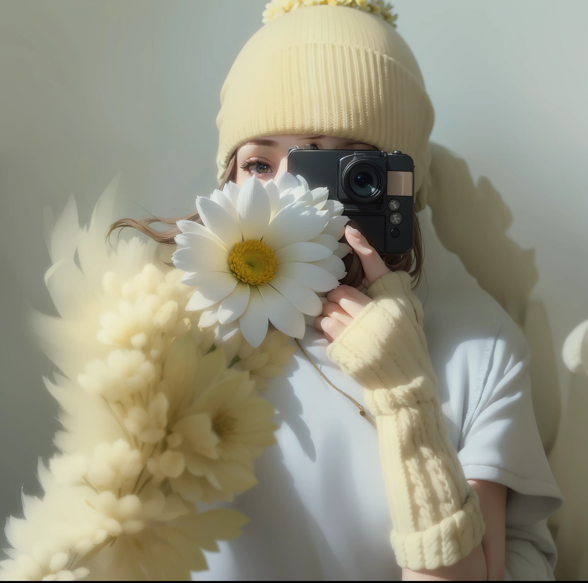Alafeld woman photographing flowers with her mobile phone, knit hat, Fingerless gloves, Simple aesthetic, hand holding cap brim, Very aesthetic!!!!!!, soft aesthetic, extremely pale, wearing a fisher 🧥, smol fluffy cat wearing smol hat, hairy arms, cozy aesthetic, In pastel colors, Light yellow, Wearing wheat yellow gauze,five fingers