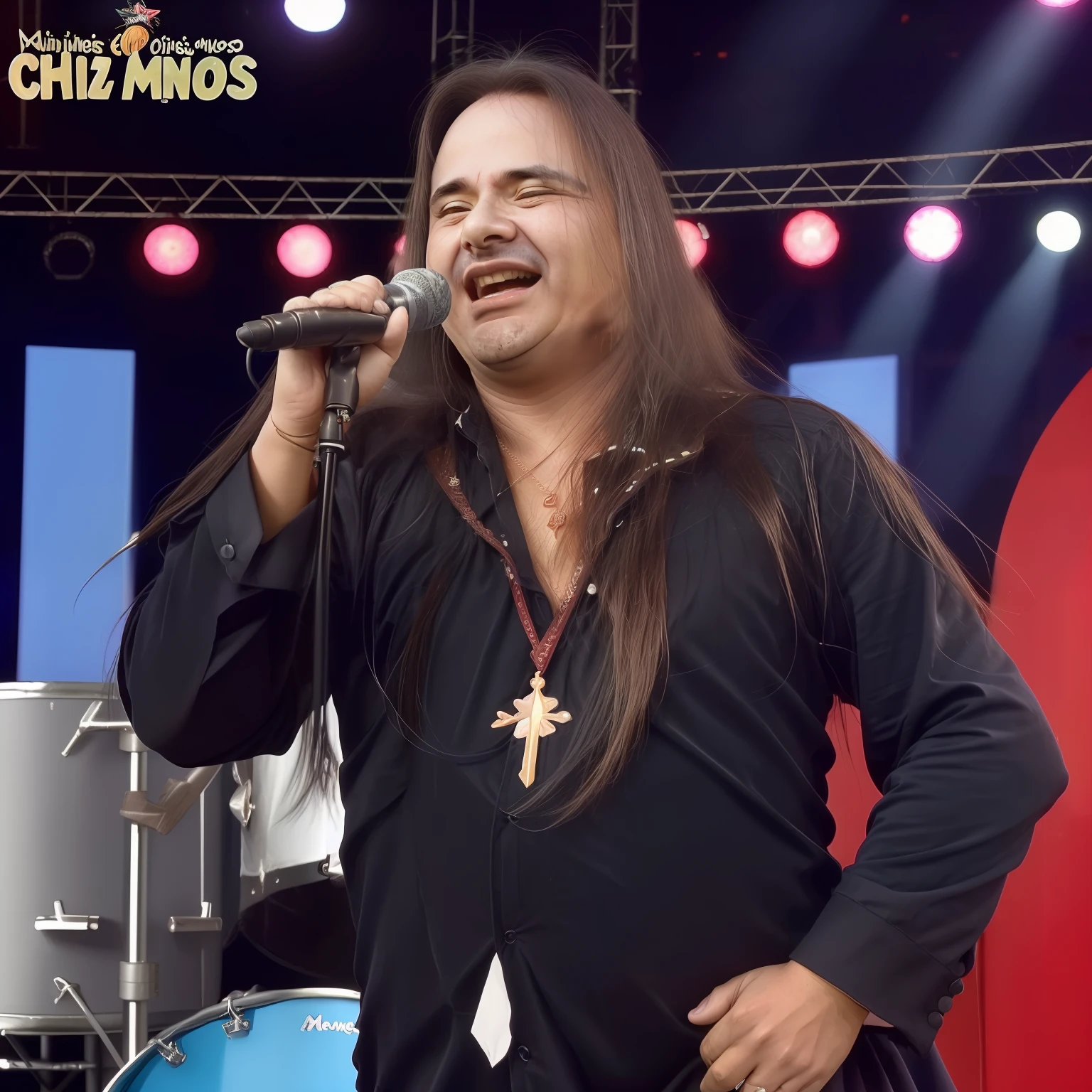 Andre Matos, corpo inteiro, singing on stage and in a children's music show