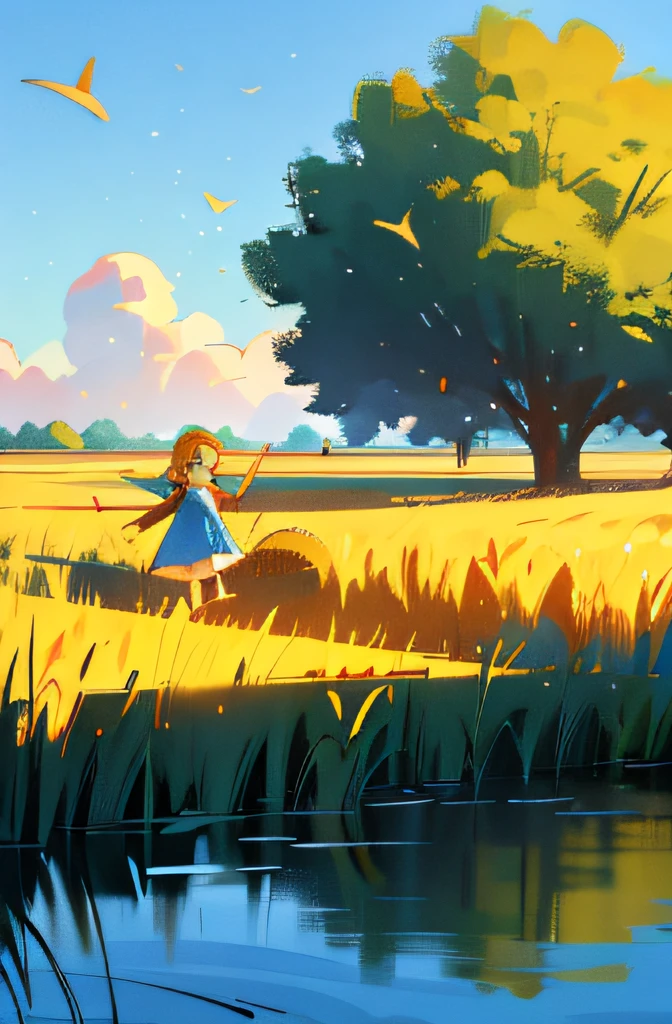 By the lake, a group of children are playing happily and splashing water. A lush forest surrounds a tranquil lake with sparkling water reflecting the blue sky and white clouds. Families picnicking in the shade and enjoying the summer. In the distance, the golden wheat fields sway with the wind, like a golden ocean. Farmers are harvesting crops and celebrating the harvest season. On the other side of the field, some young people are flying kites, and the colorful kites are dancing in the blue sky.