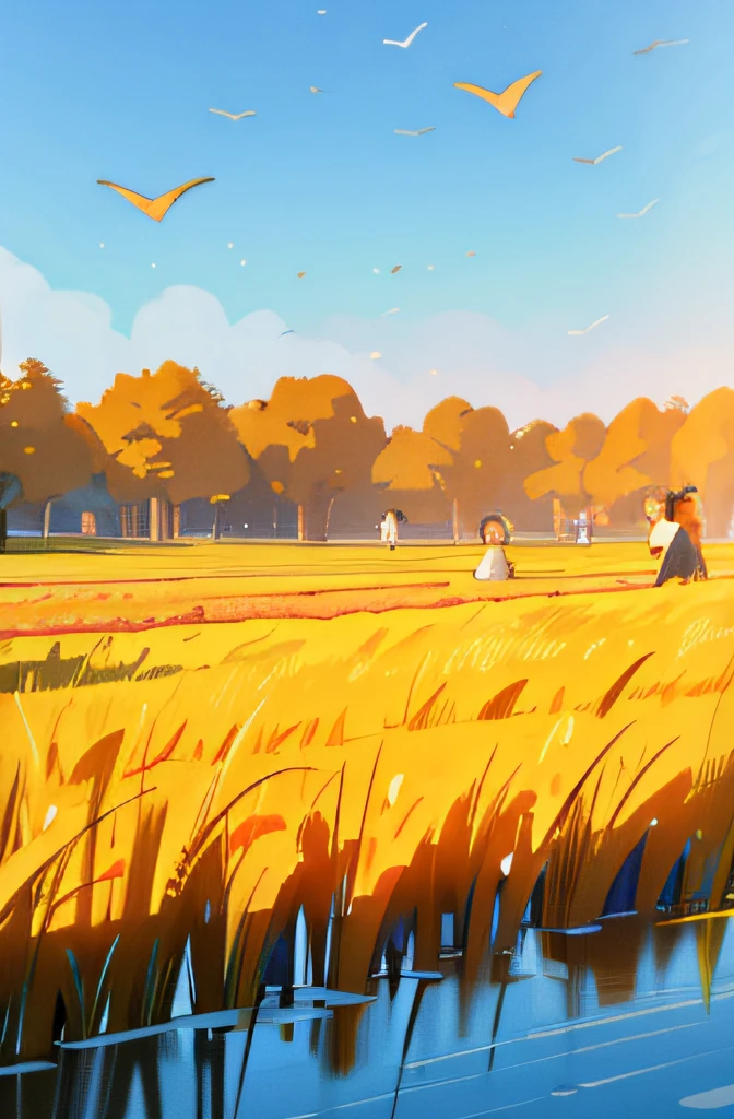 By the lake, a group of children are playing happily and splashing water. A lush forest surrounds a tranquil lake with sparkling water reflecting the blue sky and white clouds. Families picnicking in the shade and enjoying the summer. In the distance, the golden wheat fields sway with the wind, like a golden ocean. Farmers are harvesting crops and celebrating the harvest season. On the other side of the field, some young people are flying kites, and the colorful kites are dancing in the blue sky.