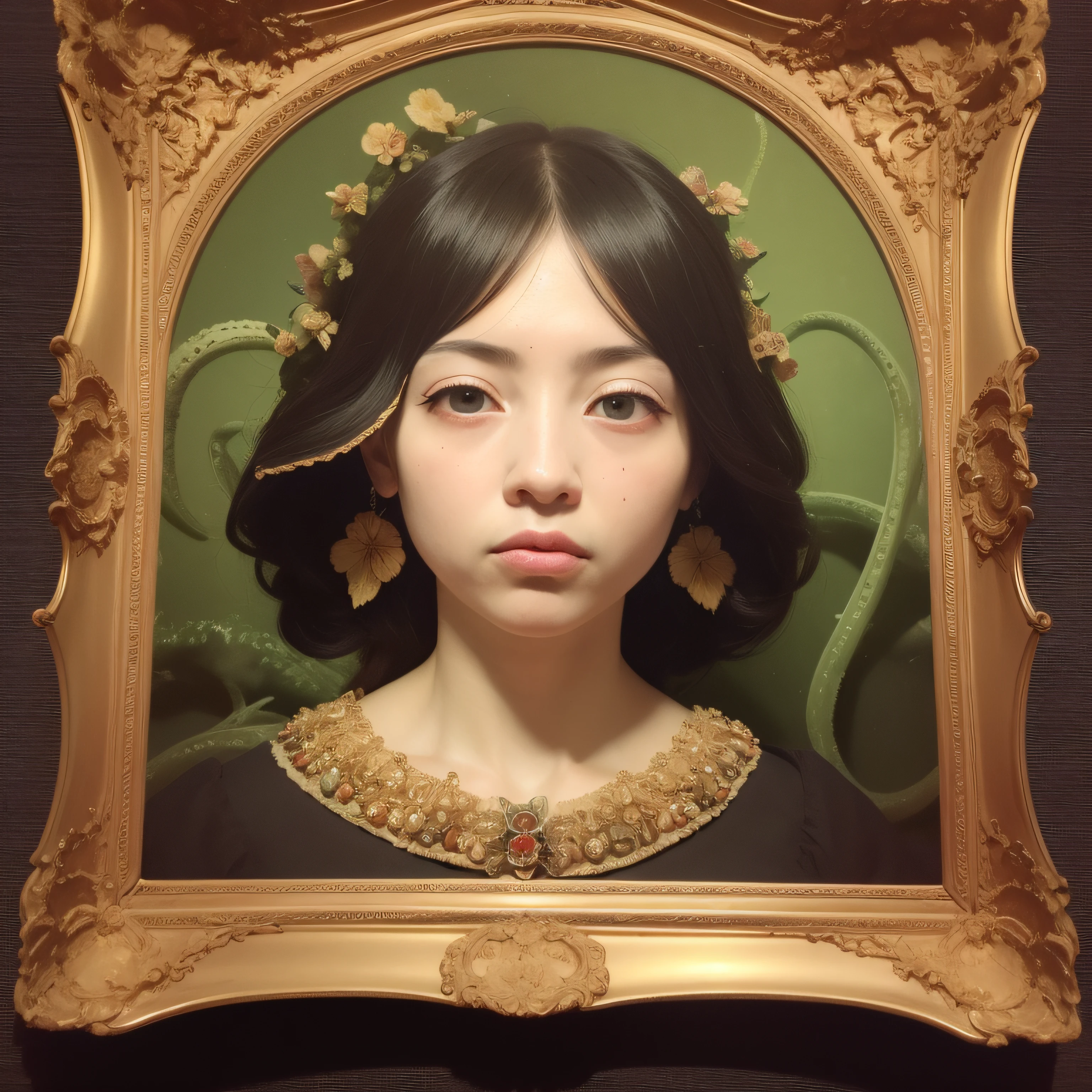 (extremadamente detallado, obra maestra, La mejor calidad), Estilo oscuro, intense illumination, rostro con arrugas, lengua larga, tentacle, deforme, monstruoso, un muerto con Colmillos finos, momia amenazante. Rococo composition. Luz de caravaggio