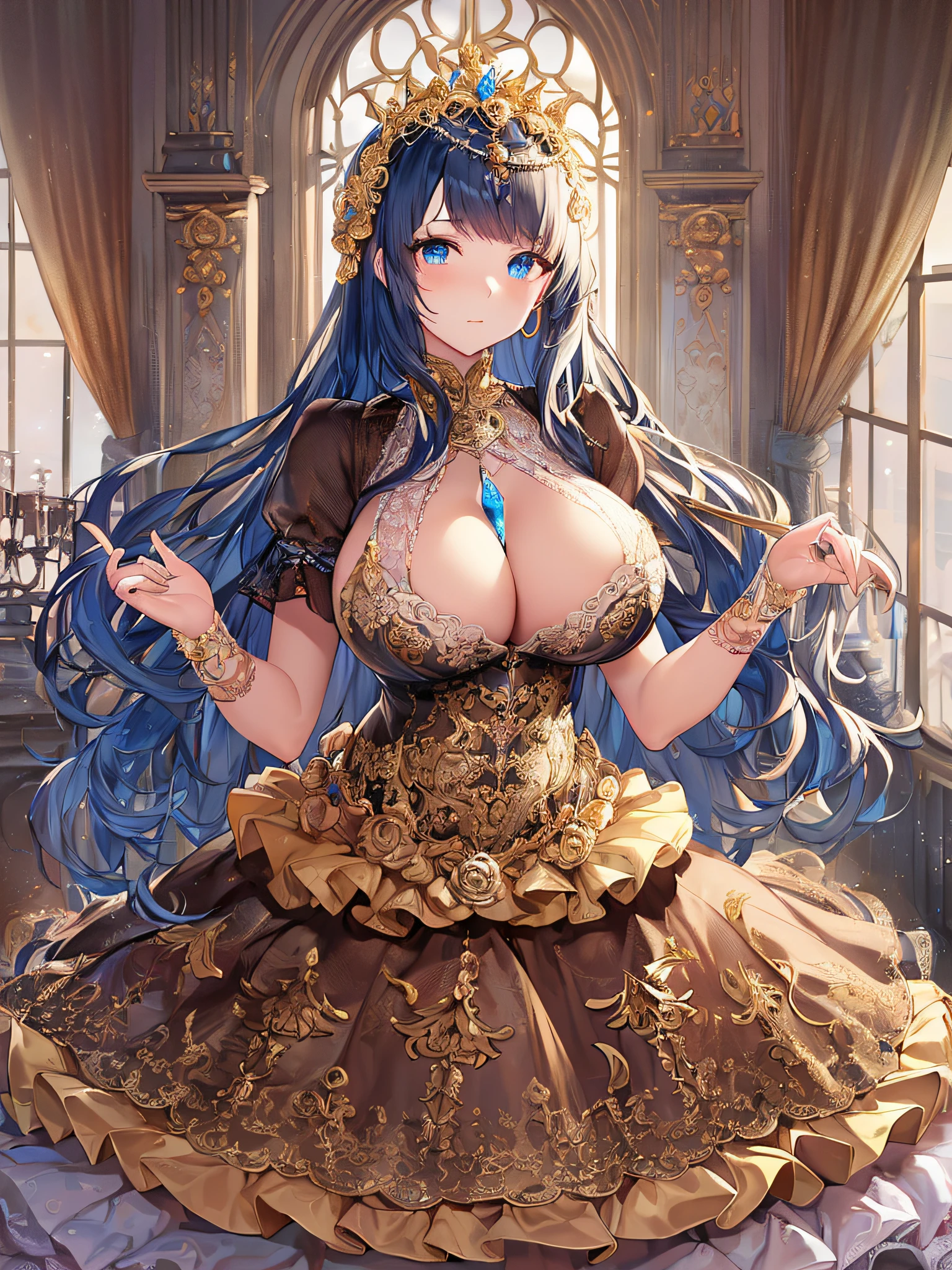 ((anime artstyle)),(Masterpiece),(Best Quality), (Super Detail),((Very Delicate and Beautiful)),((Solo)),((full body)),((1 princess in gorgeousfull rococo dress)),detailed face and eyes,jewel-like eyes,((voluminous Very Long Straight Hair)),((gigantic tits,Long tits)),curvy,skindentation,((gorgeousfull embroidery and lace)),gorgeous corsage,See-through,gorgeousfull hair ornament,gorgeousfull glitter jeweled tiara,ornate ruffles,((full body)),((hoop skirt,crinoline)),Dynamic Angle,Looking at viewer,(((gorgeous embroidery gorgeousfull rococo dress)),full body