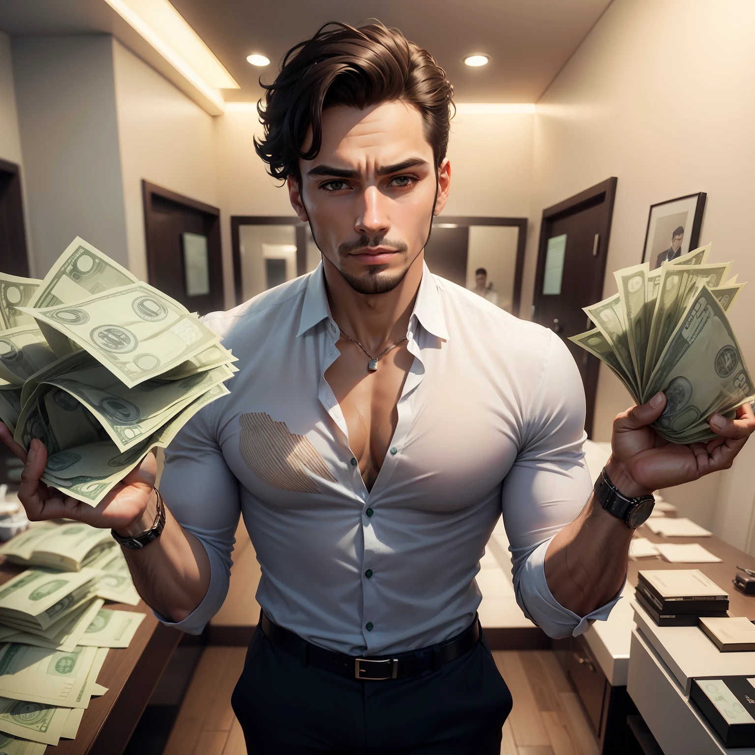 Crie uma imagem realista de um homem de muito sucesso, vestindo um terno, with confident facial expression and surrounded by money bills and watches.