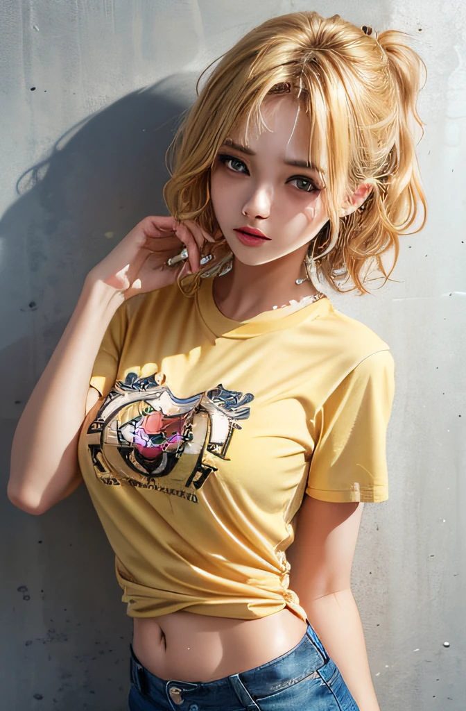 (1girl), mideum breasts, breasts, tan, Moisturizes skin, Sweaty skin, Wavy blonde, punk tshirt, punk girl