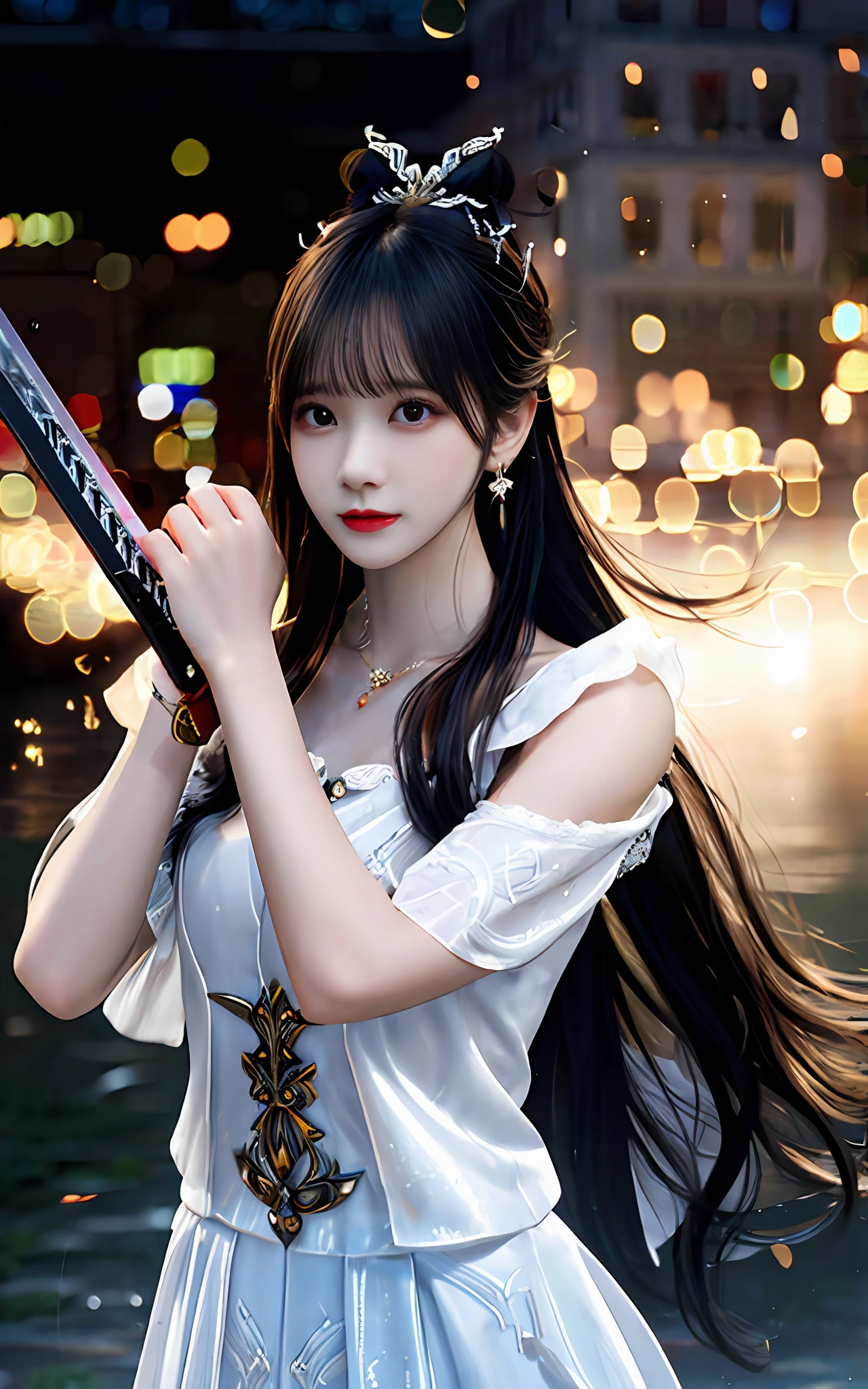 (realisticity: 1.2), best quality,masterpiece,highres,cg,
1girl,weapon,sword,long hair,dress,water,solo,jewelry,white dress,earrings,hair ornament,splashing,upper body,hair bun,black hair,
lighting,candid,Photograph,high resolution,4k,8k,Bokeh,