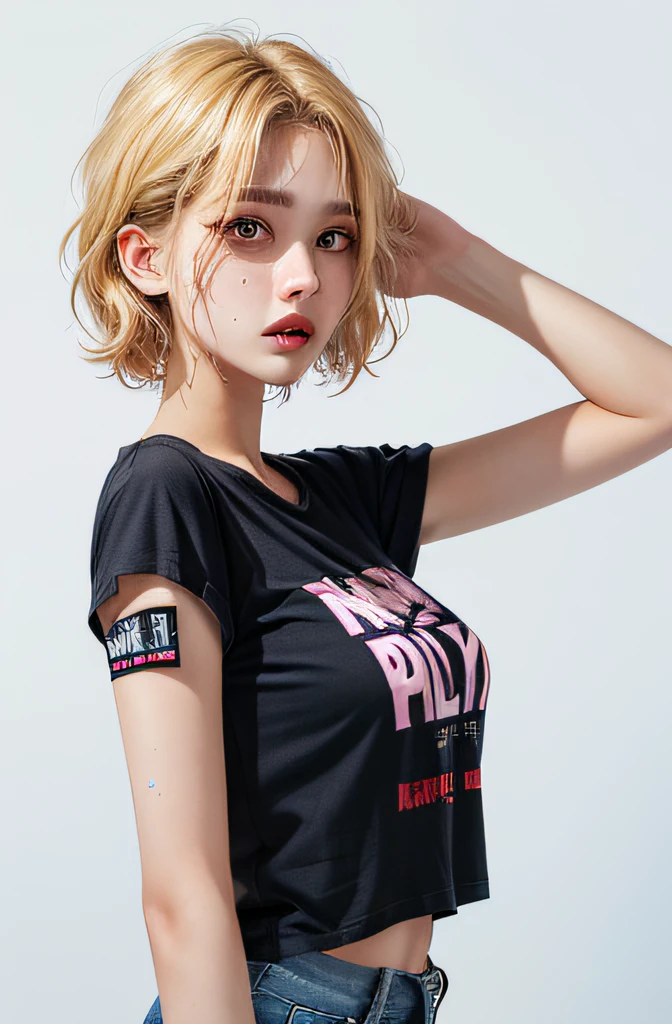 (1girl), mideum breasts, breasts, tan, Moisturizes skin, Sweaty skin, Wavy blonde, punk tshirt, punk girl