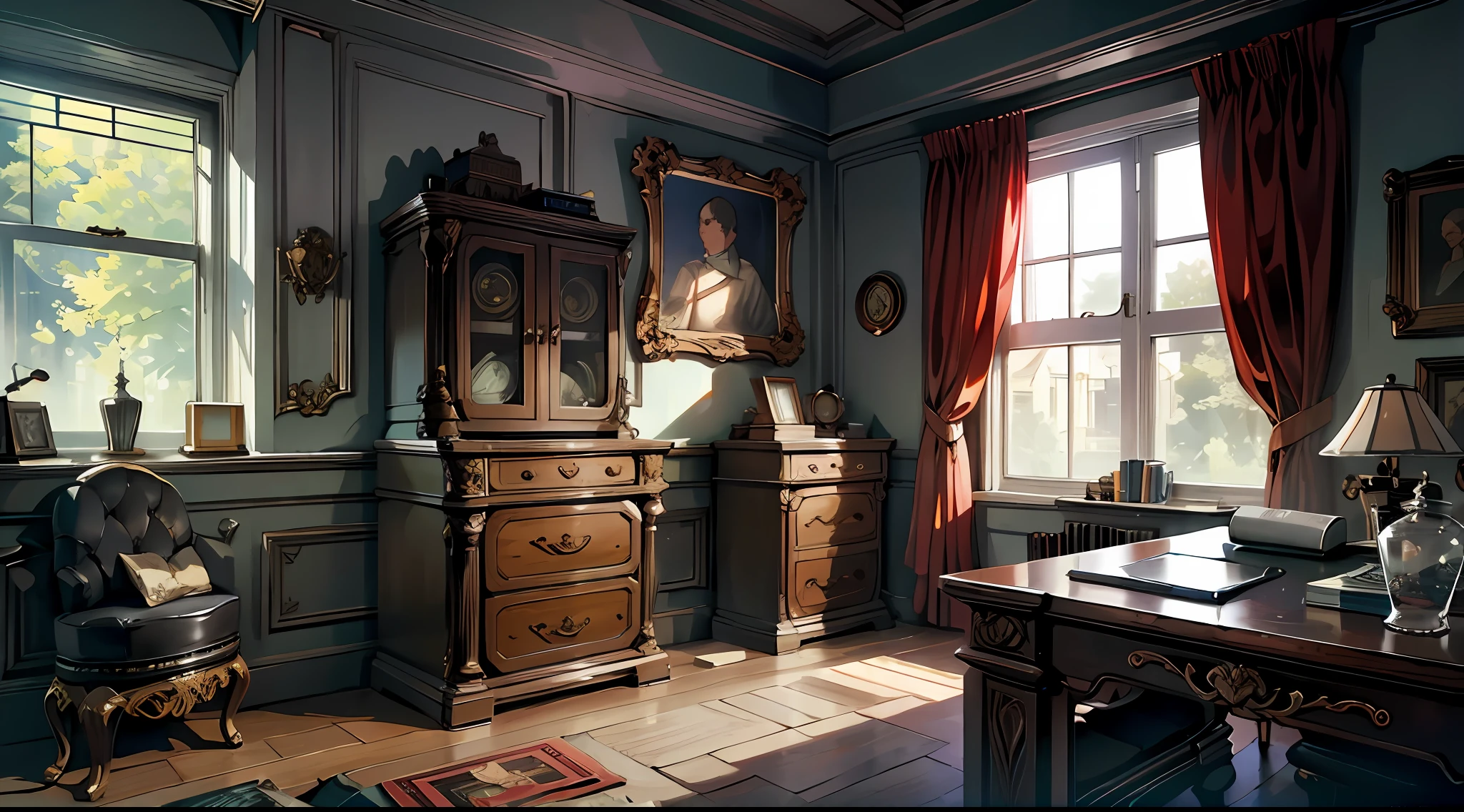 A high resolution,Study room,Pay attention to detail,British style,Retro。
