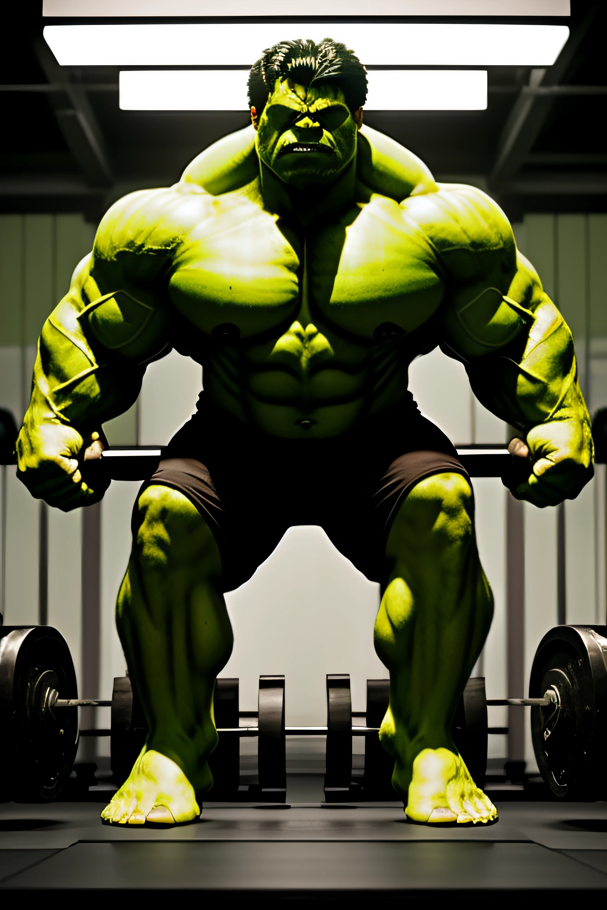 ((The Incredible Green Hulk 2008 film)), ((Green body)). ((lifting weights)), Superhero, Weightlifting Gym, Bodybuilding Gym, Daytime, Weighing Machines, Dramatic Lighting, Intricate Details, Masterpiece, Best Quality, Realistic, Very High Quality, (Soft Diffuse Light), Dramatic Lighting, highly detailed photo, Symmetrical, Unreal 5, hyperrealistic, dynamic lighting, Fantasy Art