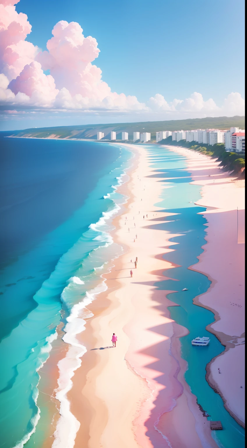 Blue sky, blue sea, pink beach, many pink roses spread on the
beach, which is very romantic.HD --ar 9:16