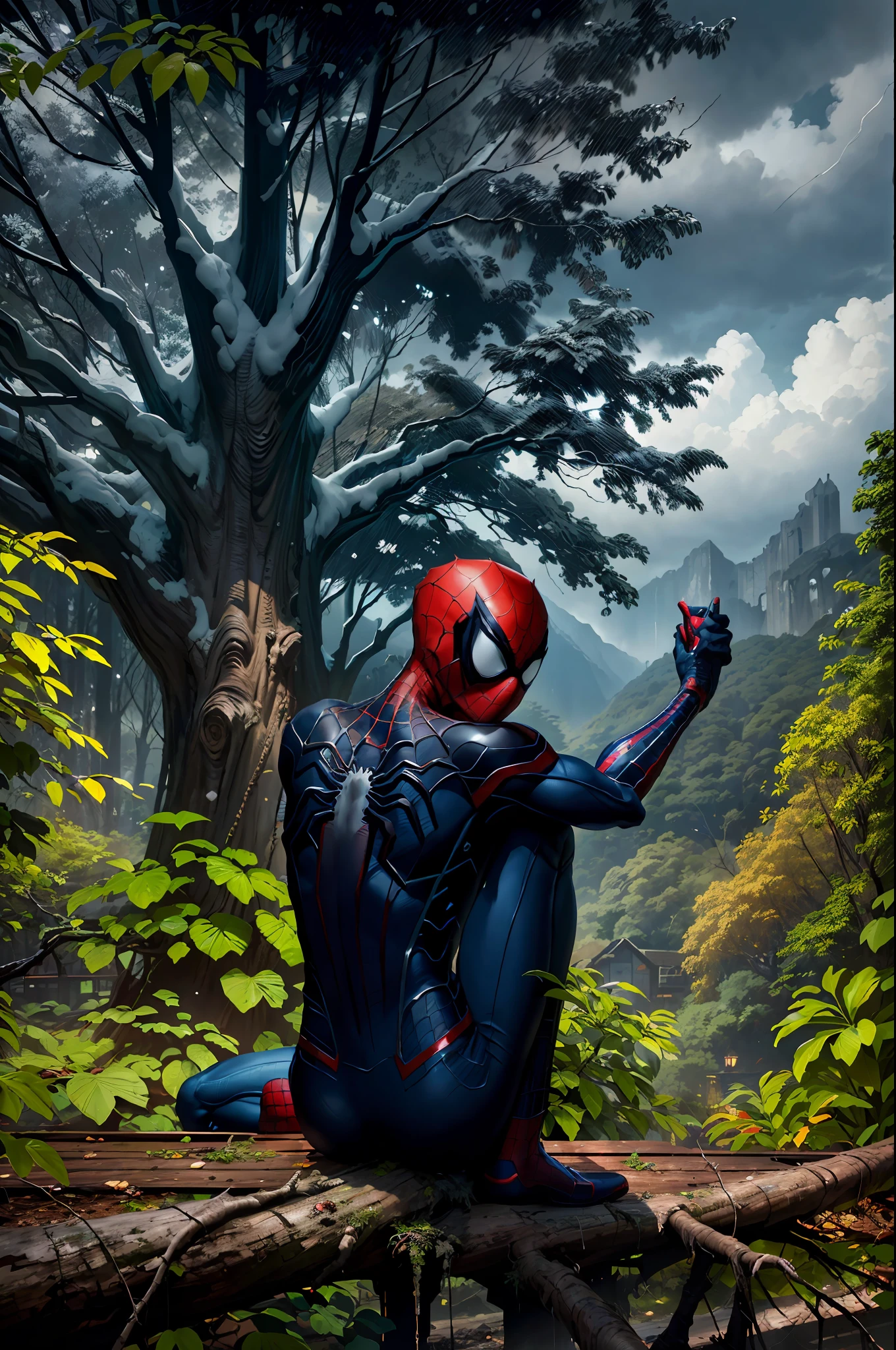 “((best qualtiy)), ((tmasterpiece)), ((Realistis)), realisticlying、Ultra-detailed portrait of Spider-Man sitting alone on a fallen tree at night,In a cinematic environment,There is atmosphere、Low-key lighting,k hd、Detailed digital painting created at eye level, scenecy, tmasterpiece,Surreal style
