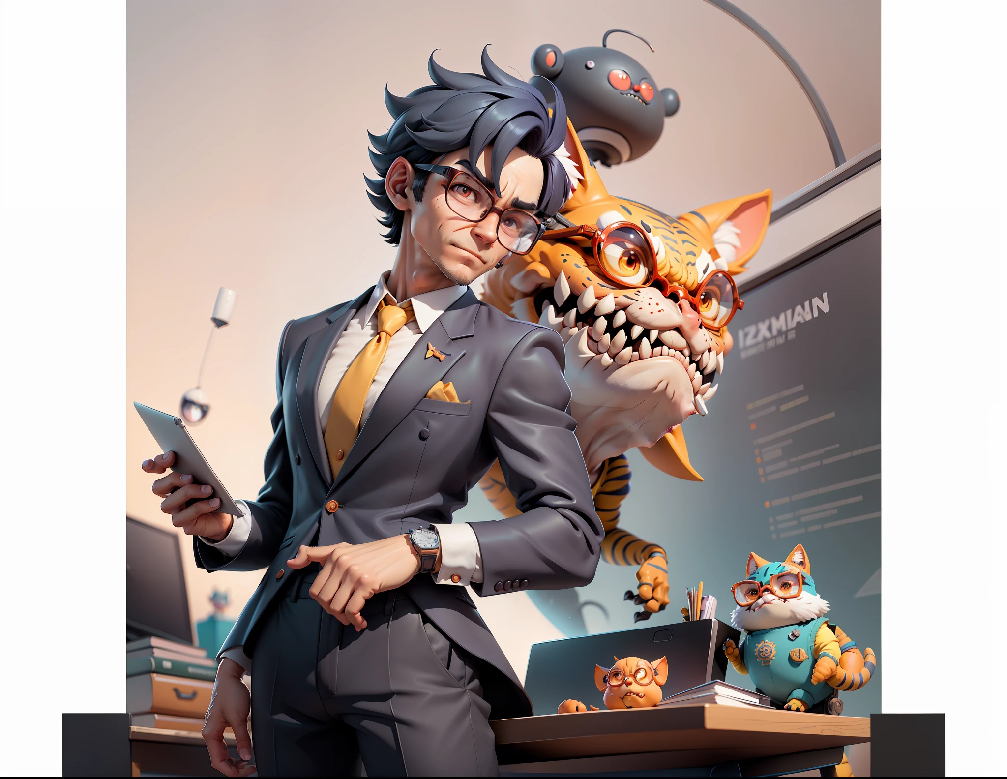 A young man in a suit and pants, Short hair and glasses sat at his desk，holding laptop，digitial painting，tigre，3D character design by Mark Clairen and Pixar and Hayao Miyazaki and Akira Toriyama，4K HD illustration，Very detailed facial features and cartoon-style visuals。