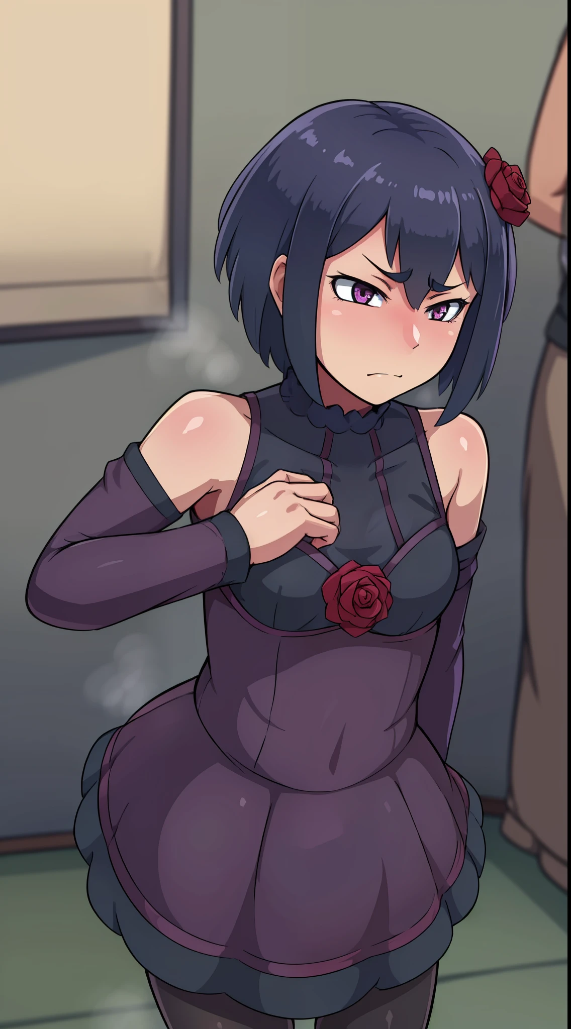 (1 girl) a goddess, Stern face, Dark short shoulder-length hair, Emotionless face, quiet look. Small purple rose in hair, dark purple eyes, Dark gothic outfit.