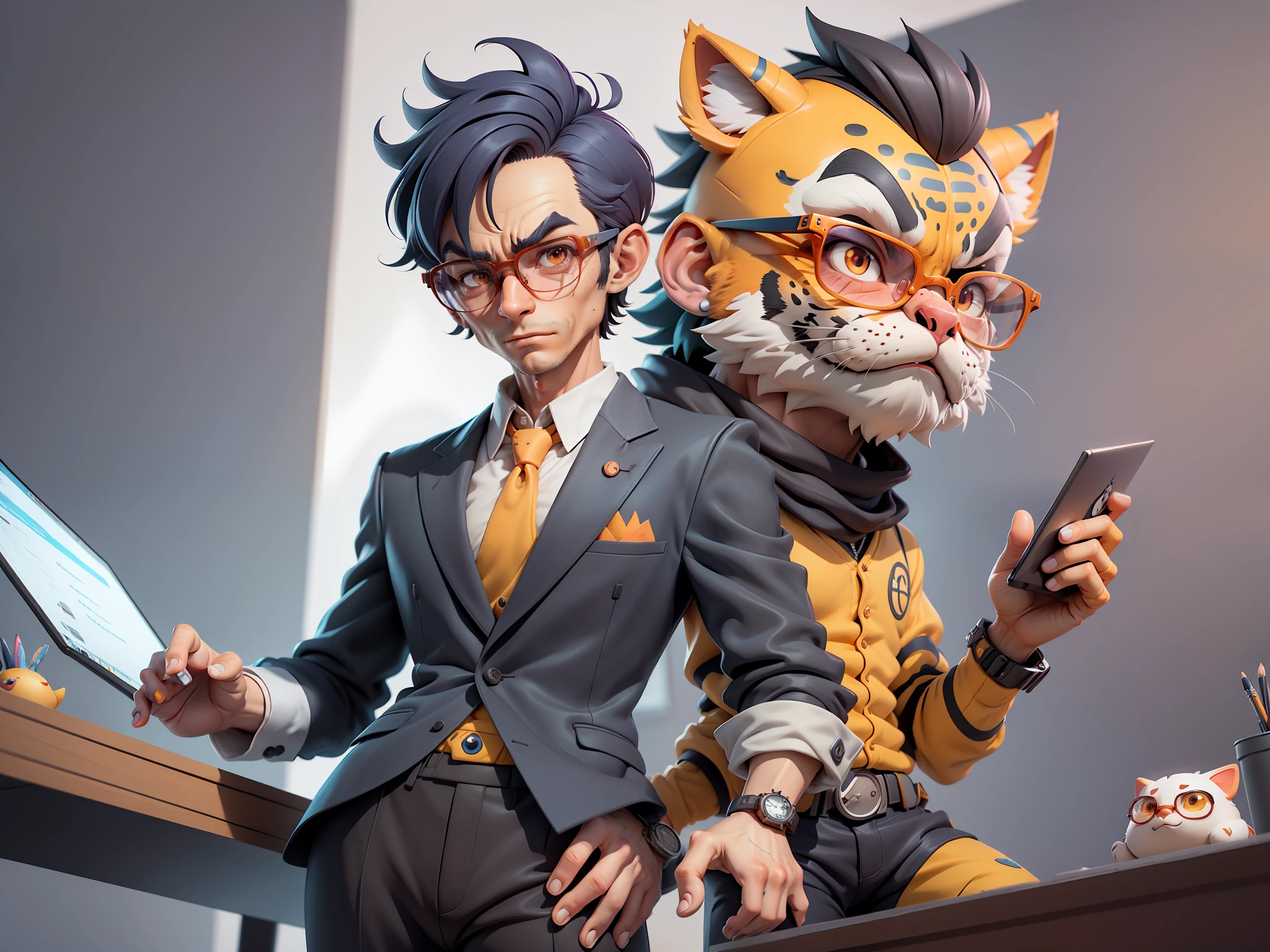 A young man in a suit and pants, Short hair and glasses sat at his desk,holding laptop,digitial painting,tigre,3D character design by Mark Clairen and Pixar and Hayao Miyazaki and Akira Toriyama,4K HD illustration,Very detailed facial features and cartoon-style visuals。