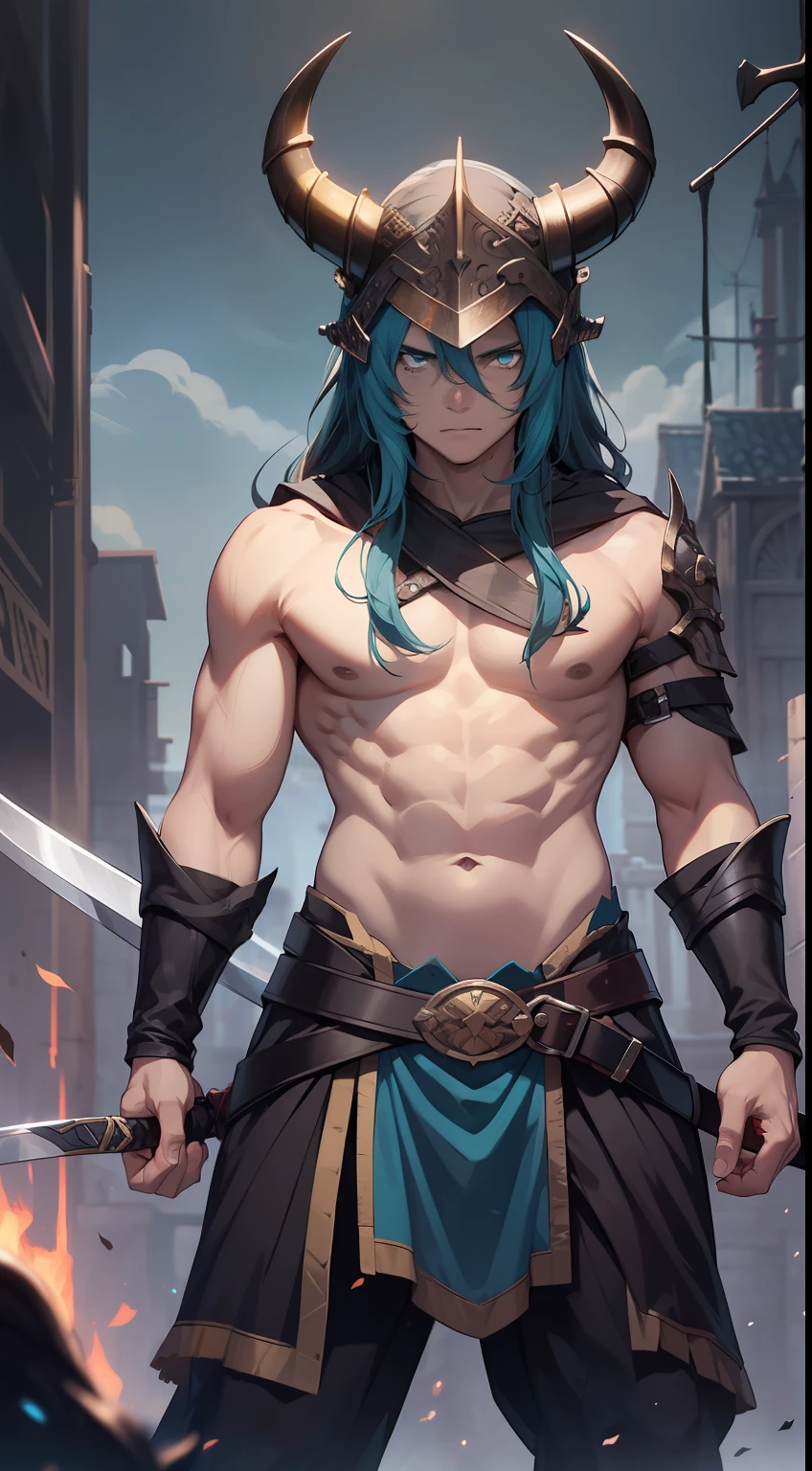 Young boy, long, black, unkempt hair, Cyan eyes, brawn, Viking, open torso, horned helmet, a sword, grimm, Masterpiece, hiquality