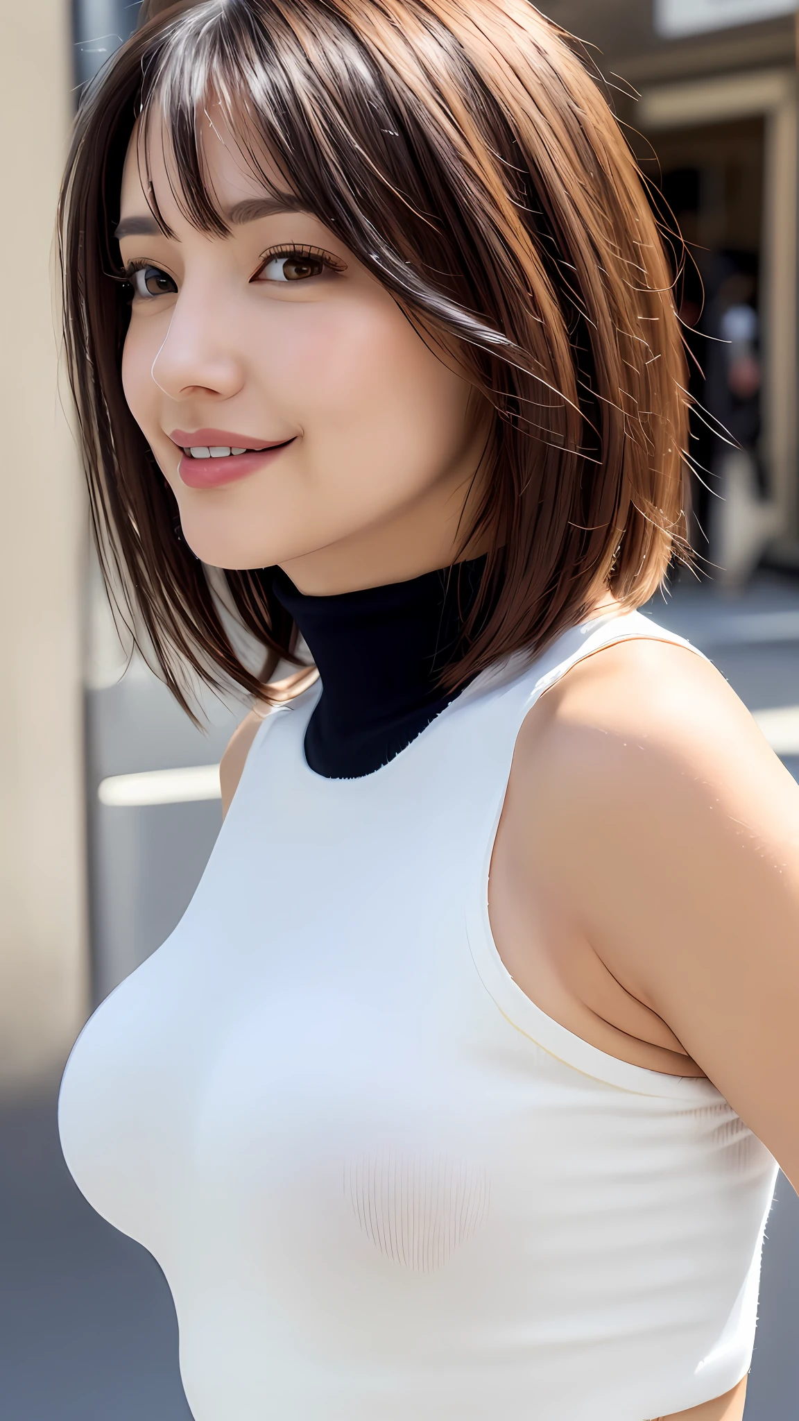 (8K, 超A high resolution, Best Quality, masutepiece:1.2)、RAW portrait of japanese girl、超A high resolution、top-quality、 (爆乳、huge-breasted:1.5)、｛Hide all breasts:1.35｝((Black Low-Rise Hot Pants:1.5))、(Wearing a white sleeveless turtleneck:1.5)、(In the street:1.2) BREAK (Natural Skin Texture、Detailed skin、Hyper-Realism、ultra sharpness)、intricate detailes、depth of fields、Extraordinary beauty、cheerful look、Sexy adult Japan woman、(Blonde short-haired:1.2)、((​masterpiece、top-quality、high-detail))、(Photorealsitic:1.4)、独奏、closes mouth、big eye、Distinct double eyelids、Lashes、long neck、Absolute area、Clean collarbone、thin lips、a small face、(gazing at viewer、Highlights in the eyes、Black eyes、lipgloss)、(From the side:1.5)(Big toned buttocks、Short stature、Platform Long Boots)Super Cute Japan Woman、Beautiful legs、(and draw the full body)