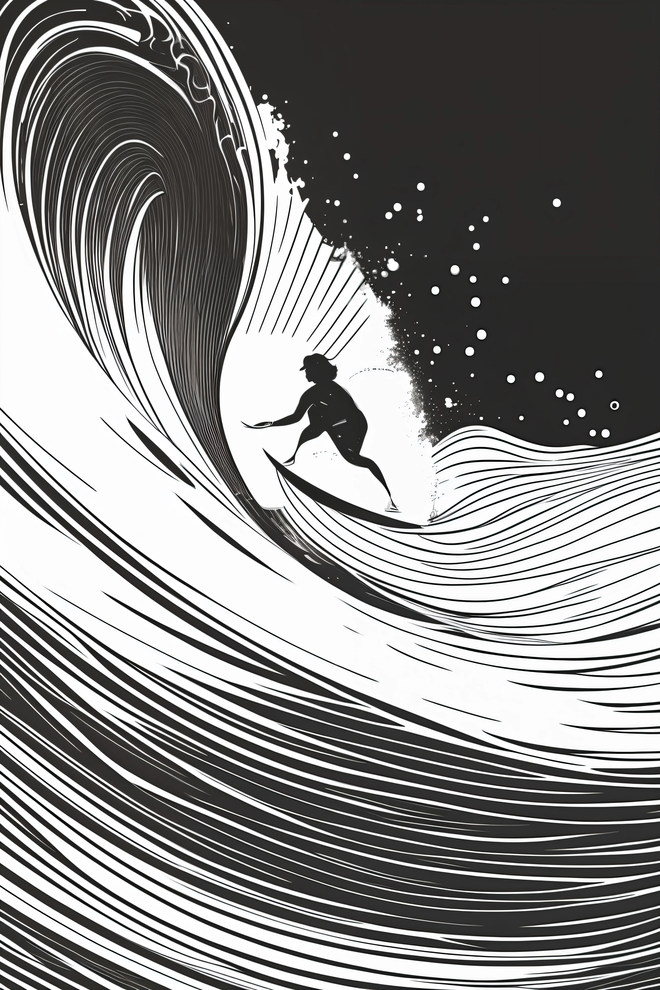 a black and white drawing of a surfer riding a wave, vector line - art style, illustration black outlining, illustration line art style, thick vector line art, line art portrait, exquisite line art, line art illustration, in style of digital illustration, vector line art, outlined art, vector style drawing, bold line art, glowwave girl portrait, thin line art