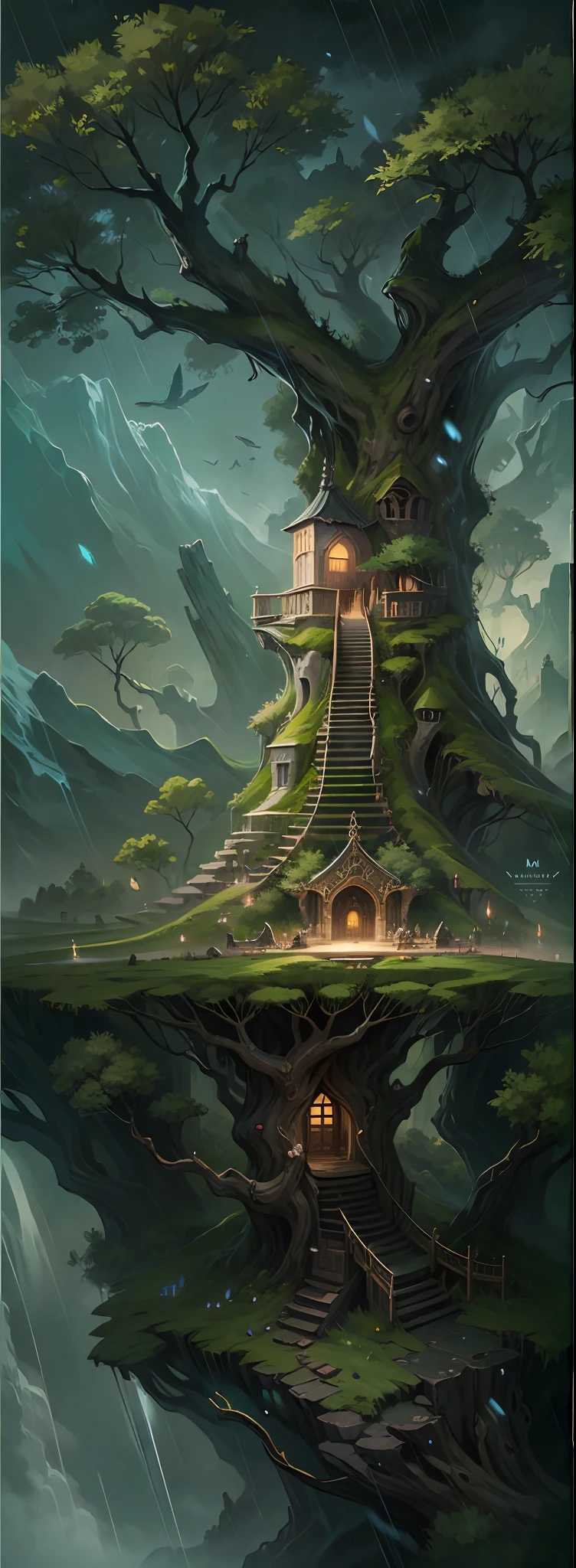 Full body portrait of a noble goddess over the city,mirage,god light,tack sharp focus,the elf,Elven architecture,Elven City,Huge tree house,Royal City,Amazing scenery,scenecy,The landscape,Rained,dark fantacy,suspense