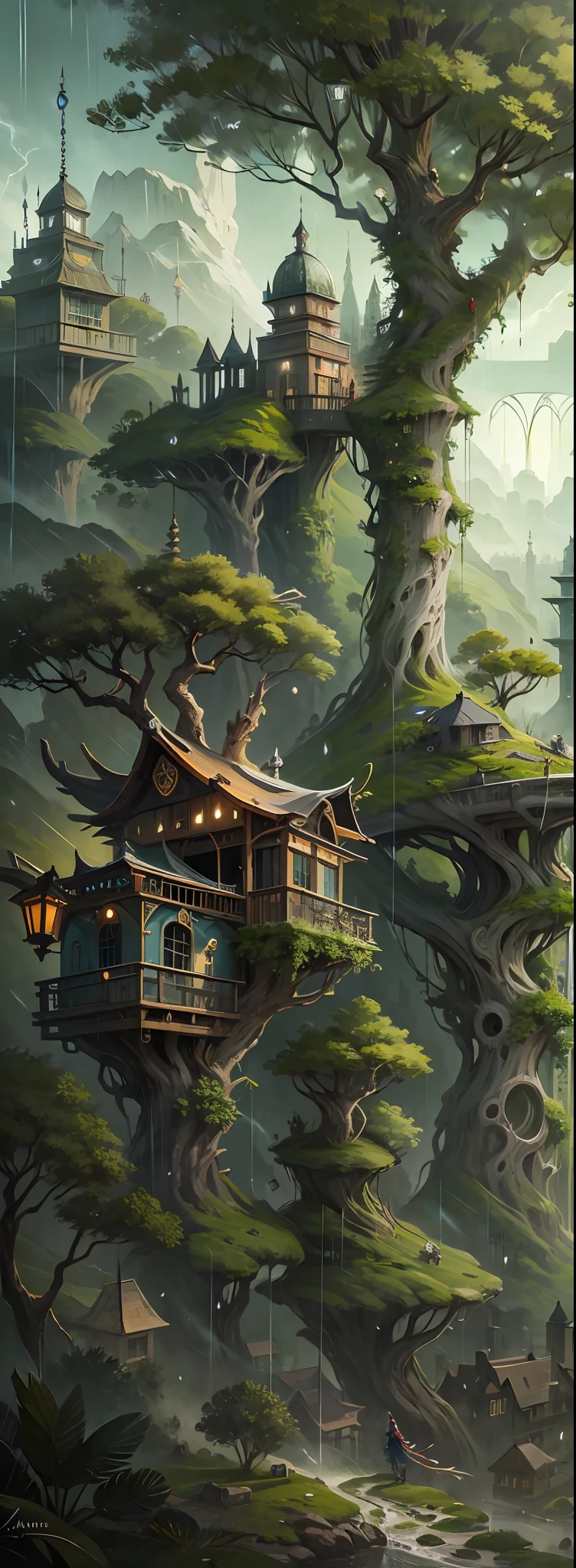 Full body portrait of a noble goddess over the city，mirage，god light，tack sharp focus，the elf，Elven architecture，Elven City，Huge tree house，Royal City，Amazing scenery，scenecy，The landscape，Rained，dark fantacy，suspense