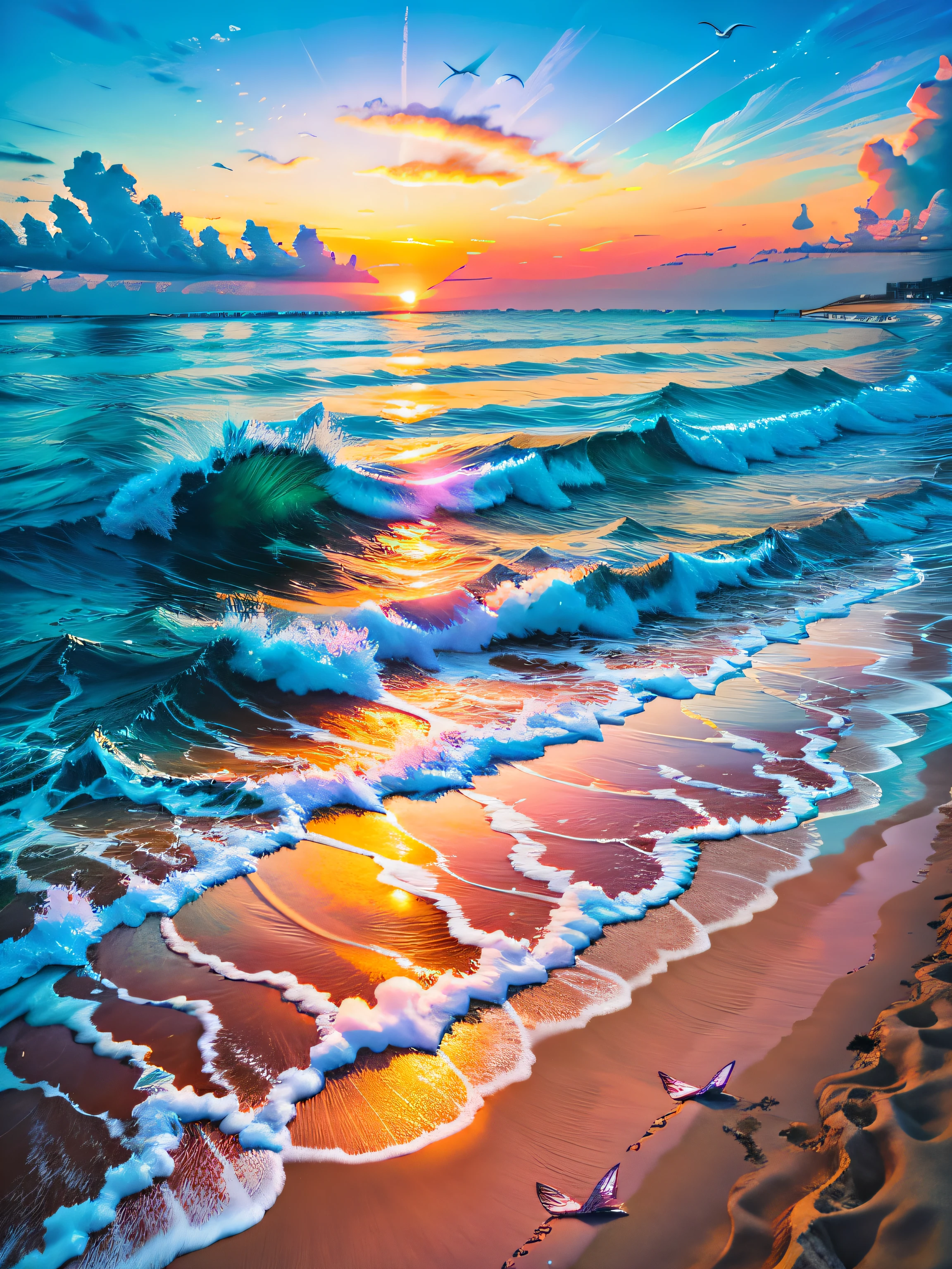 Absolutely mesmerizing sunrise on the beach,The sky is mixed with blue、purple and yellow。The water is crystal clear,Kissing the shore tenderly,The white sand is boundless。The scene is full of movement,breath-taking,Seagulls soar high in the air,Palm trees sway gently。Immerse yourself in a calm atmosphere,Let the tranquil surroundings surround you。