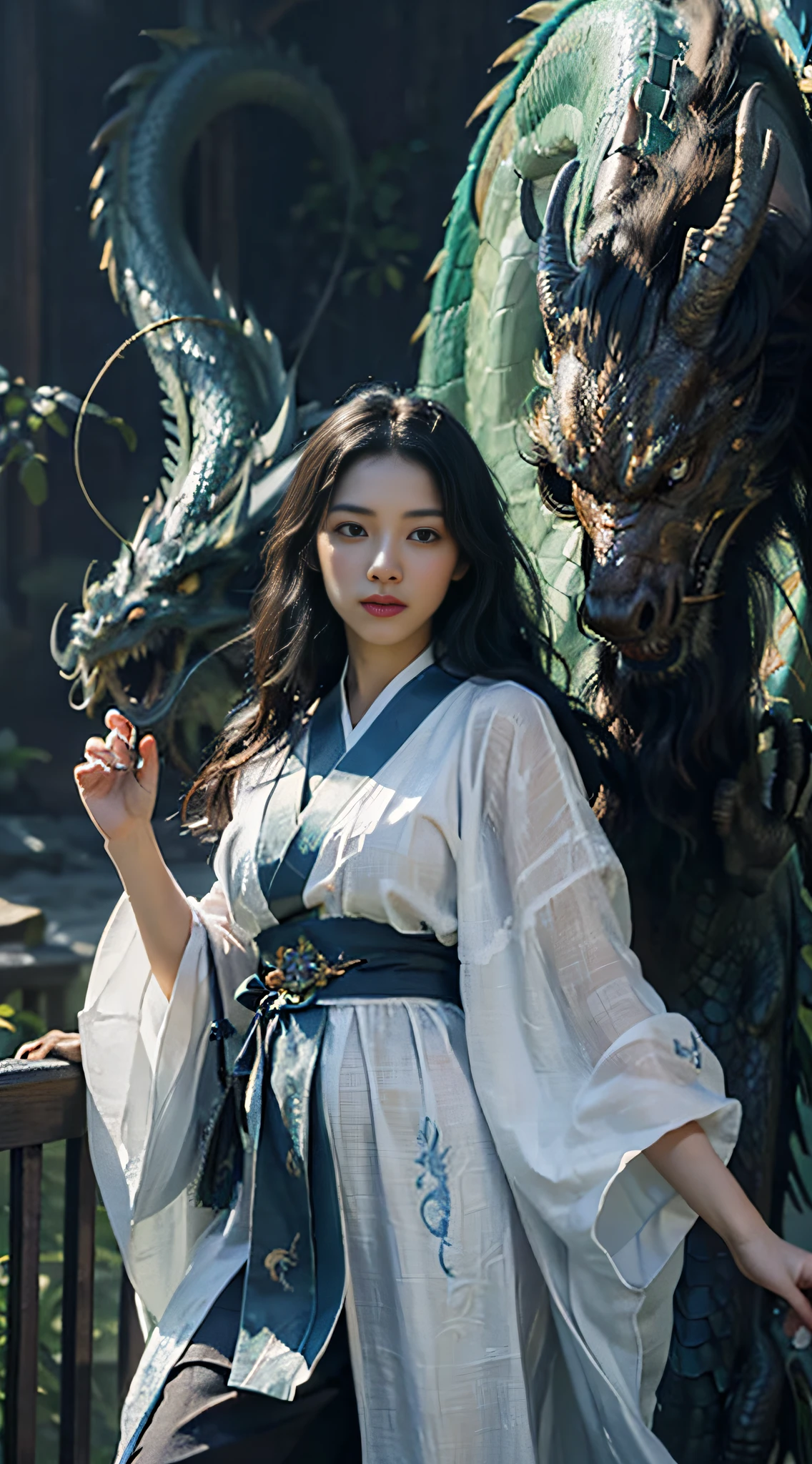 tmasterpiece,best qualtiy,realisticlying,photorealestic,The painting depicts a woman standing next to a dragon,The background is an incomparably vast starry sky,The whole painting uses cute and authentic portraits(Handsome realistic portrait style),And has dark blue eyes。Long hair fluttering and cute(Cute:2)。The whole painting shows excellent realism and detail(photorreal details),Light and shadow tracking,Rich in detail,Close-up of a woman in Han costume with a dragon,Portrait of a dragon girl,Dragon-inspired cloth robe,asiagirl,Long flowing black hair,Dragon girl,Dragon in the background,Golden dragon,Hanging ornaments,Chinese fantasy