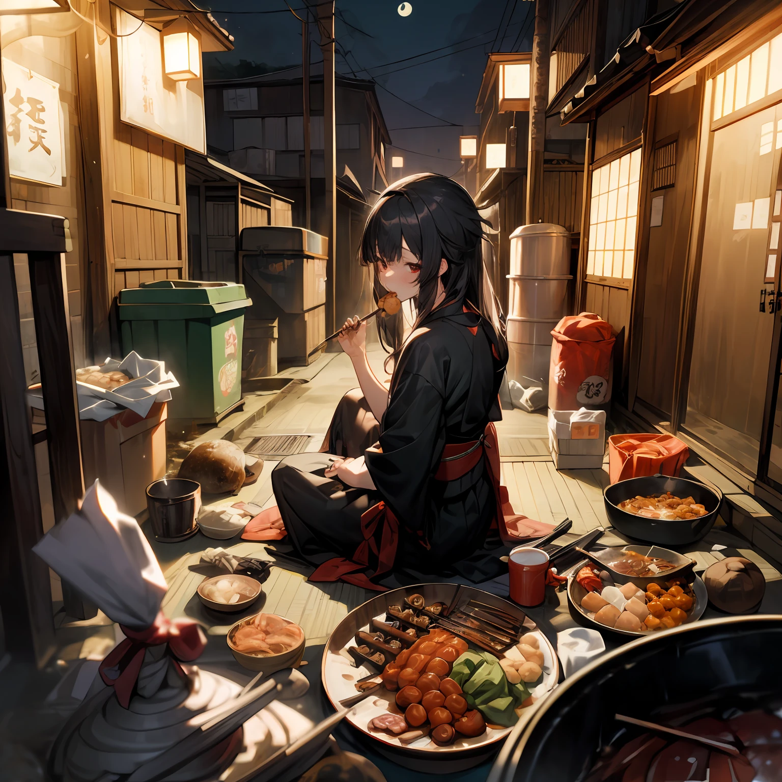 (masterpiece, best quality),(night,trash,junk:1.3),(Back alley in Japan,casserole),1girl,eating,sit on the ground,messy,empty can,black hair,long hair,messy hair,red eyes,black clothes,crate,skewer,tokkuri,sukiyaki,oden